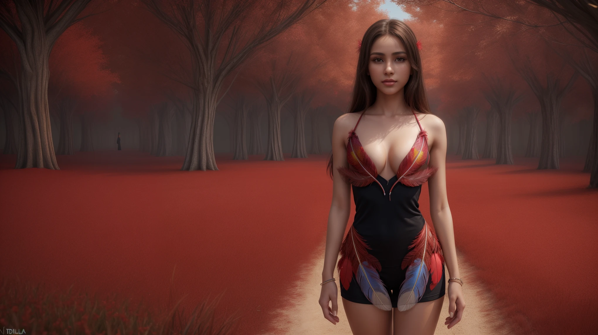 8k, masterpiece, RAW photo, best quality, photorealistic, extremely detailed CG unity 8k wallpaper, Depth of field, Cinematic Light, Lens Flare, Ray tracing, (extremely beautiful face, beautiful lips, beautiful eyes), intricate detail face, ((ultra detailed skin)), ((1girl:1.9)), ((alone:1.9)), ((seductively standing pose)), (official art, beautiful and aesthetic:1.2), deep shadow, (sharp focus), [((Raiana-Elizabeth-Dilla:1.9))], pretty girl, (very slim slender fit-muscled body:1.9), ((beautiful legs:1.4)), (big smile:1), (((ultra-short ((red:1.5)) casual-style clothes))), (((fractal art:1.1),(colorful:1.1)(flowers:1.3),(zentangle:1.2), (abstract background:1.3), (shiny skin), (many colors:1.4), (feathers:1.5))), beautiful earrings, bracelets, necklace, red pendant, clear eyes, (pale skin), (face forward), ((whole-body-view)), ((full-body:1.8, cinematic shot)), soft lighting, (long black hairs), (looking at viewer:1.8), cleavage breasts, (large breasts:1.4), highly detailed, ultra realistic, extremely detailed and realistic ((red:1.5)) clothes.