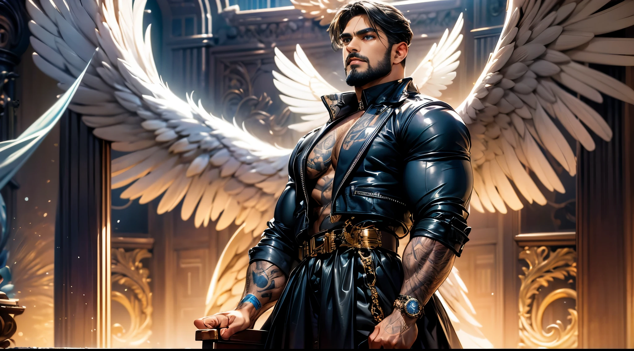 Daegan Tronos Character(1), no more characters, handsome, detailed face, dark skin, dark-tanned, perfect wings angel, symmetrical wings,blue eyes(color),small beard, medium haircut, leather jacket (rocker style), tattooed arms, champion stance(body), visual harmony, epic wallpaper.