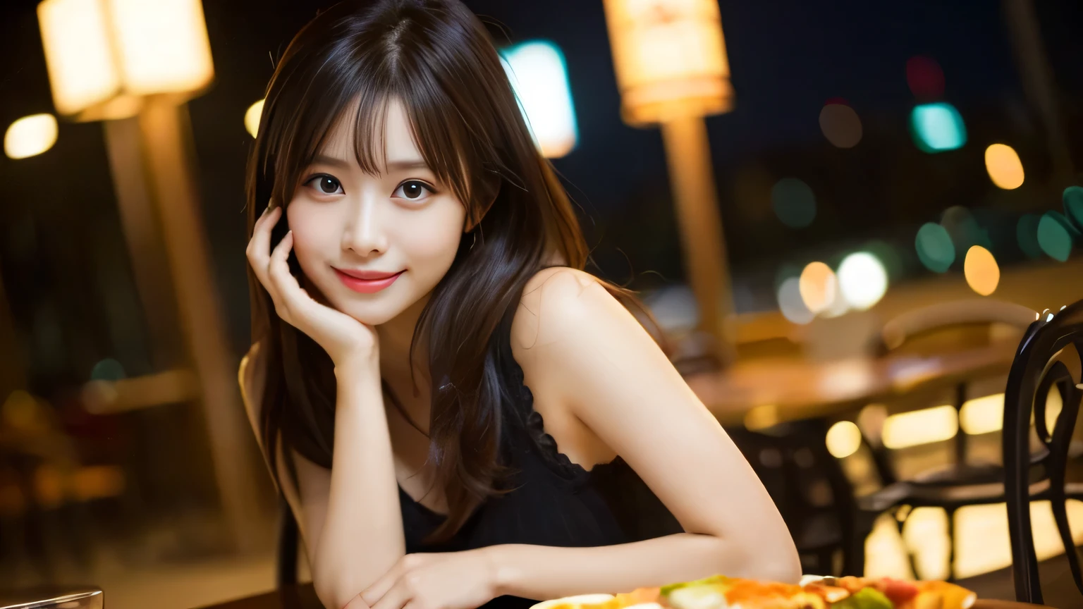 highest quality, table top, ultra high resolution, (Photoreal: 1.4), Front view, Half body, famous japanese actress, revealing clothing, very beautiful woman, cute, Cinematic 35mm lens, f/1 .8, Beautiful double eyes with equal left and right eyes, 上Half bodyショット,,Looks like it's going to be a fun date,smile,City of night