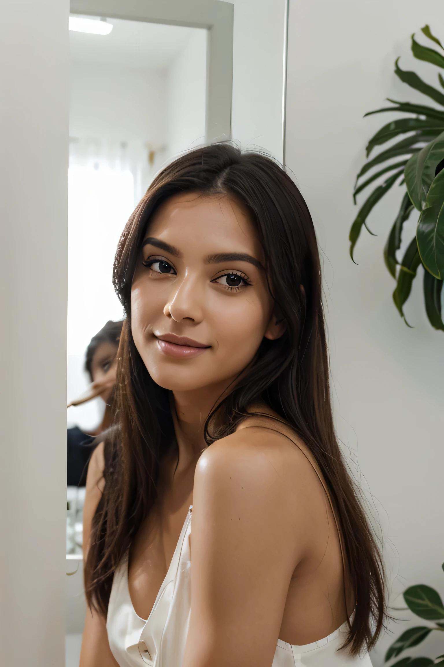 Model in a beauty clinic, vestes finas, com a parede do fundo exibindo o nome do tratamento "HarmoniGlow Facial Program", enquanto luzes suaves destacam seu rosto imaculado, pele clara e macia como porcelana, cabelo preto liso brilhante refletindo a luz, a delicate smile highlighting your natural beauty, Ambiente moderno e minimalista com toques de luxo, transmitting serenity and sophistication, Fotografia de estilo editorial, lente prime de 50mm, sharp focus on model's face, --ar 16:9 --v 5