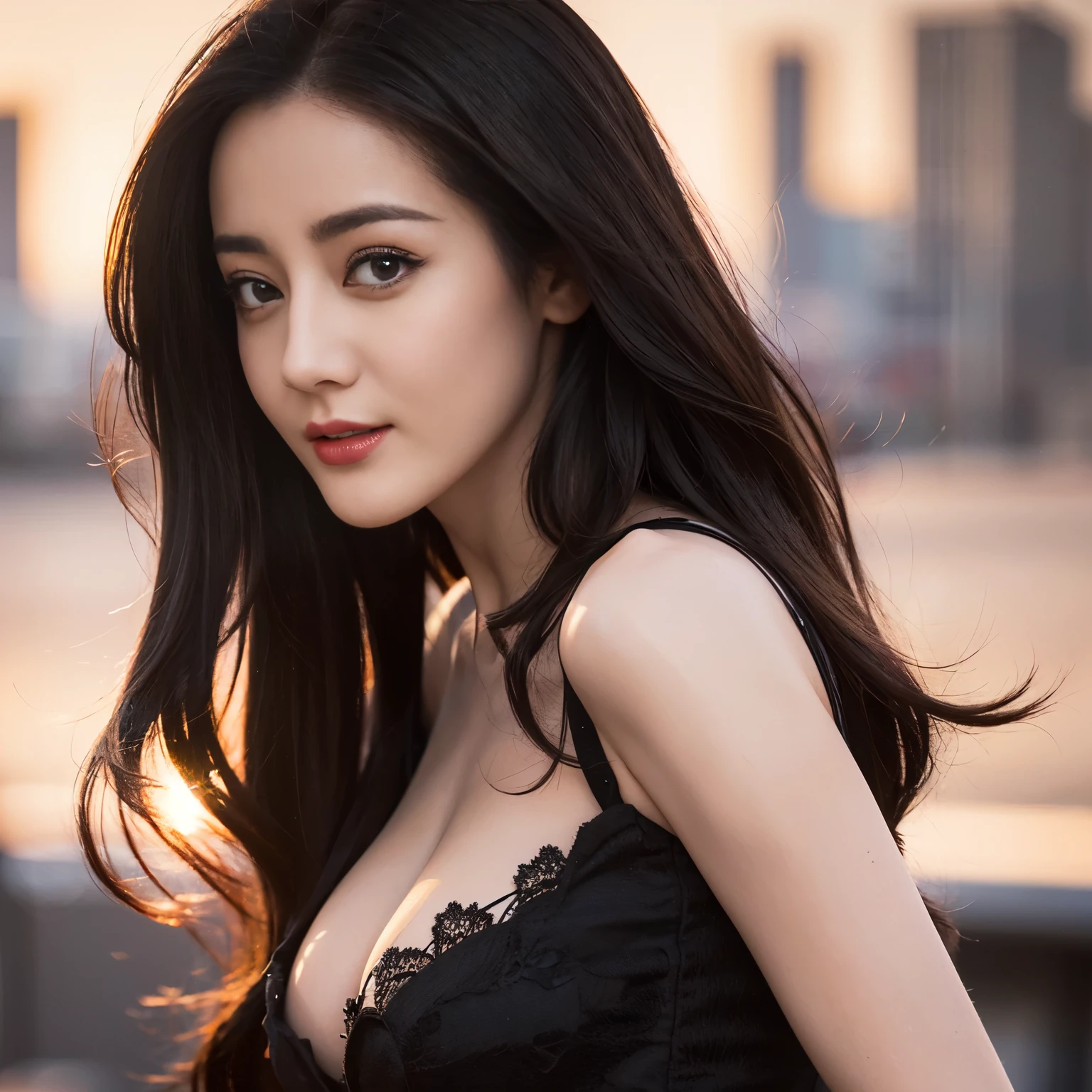 ((top quality、8k、​Masterpiece:1.3))、Extremely delicate and beautiful girl，realistically，Extremely ridiculous，Abstractionism，full-body shot，catch，Extra detailed body，Port wind，，flowing hair，light brown hair，viton hair，beautiful fine hair，Exquisite and beautiful face，Smile，clear eyes， black eyes，nice skirt，beautiful clear background，beautiful sky，bloom，very precise details，absurd，very CG，((A sexy mature girl:1.5))、thick lips、deep red lip gloss、eye makeup、((40 years:1.5))、sunset sky，huge breasts，Larger breasts，amazing breast size，Extensive exposure，More nudity