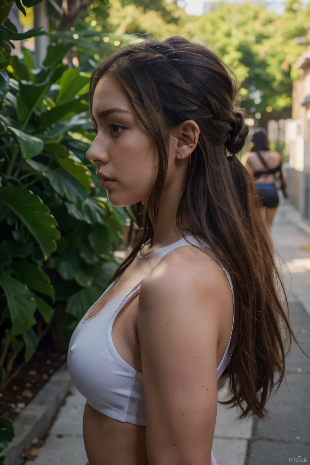 (best quality:1.4), (Ultra Highres:1.2), (fotorrealista:1.4), (8k, Foto RAW:1.2), 1girl, Casual Clothes, Outside, side view, parte superior do corpo, cabelo em um coque, Posando. andando de bicicleta . there is a woman, portrait sophie mudd, thick neck, 19 year old female model, latina, angelawhite, violet myers, 22 years old, 21 years old, profile image, italian, italian latina, Alycia Debnam-Carey, hazel eyes, realistic, post-processing, maximum detail, erotic,