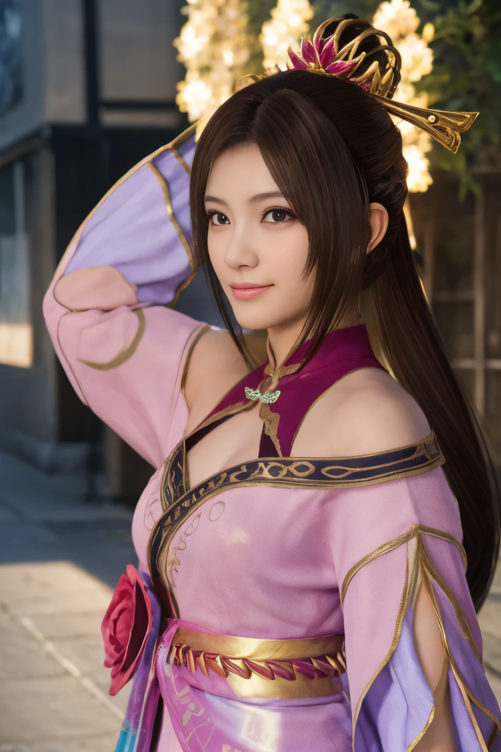 Diaochan from Sangoku Musou 8,masterpiece、1 cute girl、-yeld hischool stne eyes、puffy eyes、bright outdoors,Bright downtown、highest quality, 超High resolution, (reality: 1.4), movie lighting、Japanese、asian beauty、Korean、super beautiful、beautiful skin、body facing forward、whole body,Upper body、(超reality的な)、(High resolution)、(8K)、(very detailed)、(美しくfine eyes)、(Super detailed)、 (wall-)、detailed face、bright lighting、professional lighting、looking at the viewer、look straight ahead、slanted bangs、brown hair、Nogizaka idol、