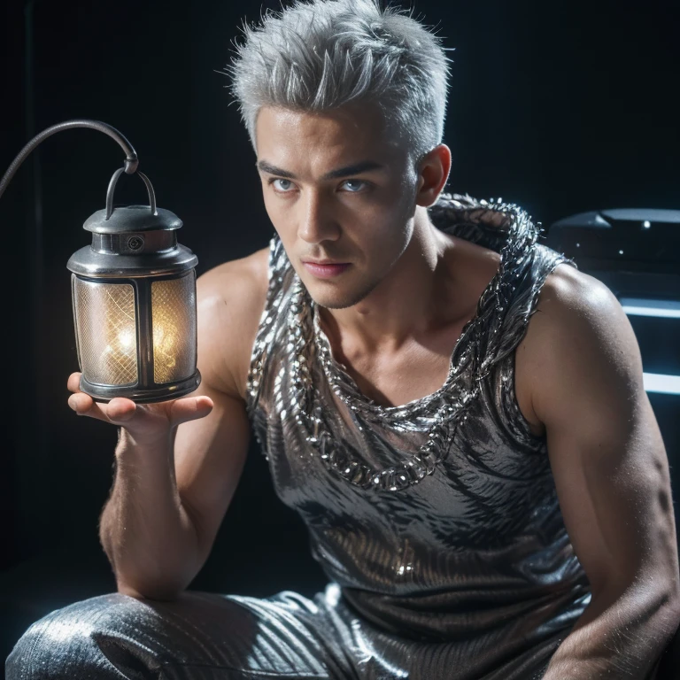 An award-winning original photo, A wild muscular man, (30 years old man:1.3), 1boy, Solo, (wearing a (silver lantern) metal suit), (glowing silver ring on a finger), spikes, neon stripes, white hair, (big shoulder), muscular, hunk, stubbles, Short beard, (Detailed face:1.3), (beautiful eyes:1.2), Dynamic Angle, volumetric lighting, (Best quality, A high resolution, Photorealistic), Cinematic lighting, Masterpiece, RAW photo, Intricate details, hdr, depth of field, knee-up shot, in space background, beautiful cosmos, energy strands around body , nsfw , eroticism

