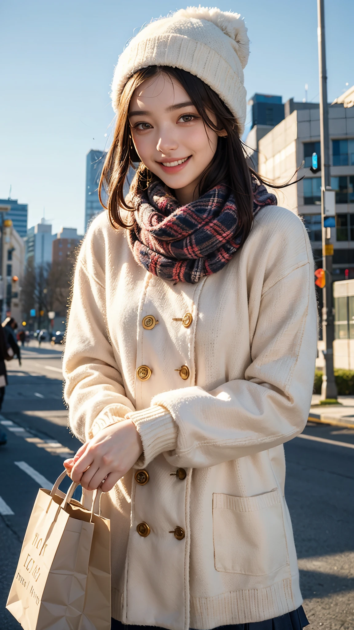 highest quality, masterpiece, ultra high resolution, (realistic:1.4), (portrait facing each other) RAW photo, 1 girl, 18-year-old,((winter school uniform)),((knit hat and scarf)),((Hold out a paper bag containing a gift to the viewer with both hands..)),((looking up at the viewer)),(blush),masterpiece, realistic pictures, saturation, contrast, ((Medium chest)),((toothy smile)),short hair,