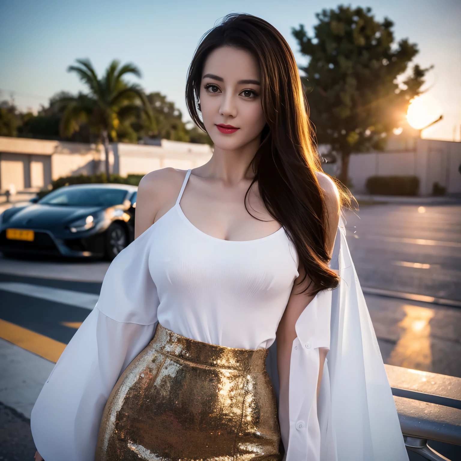 ((top quality、8k、Masterpiece:1.3))、Extremely delicate and beautiful girl,realistically,Extremely ridiculous,Abstractionism,full-body shot,catch,Extra detailed body,Port wind,,flowing hair,light brown hair,viton hair,beautiful fine hair,Exquisite and beautiful face,Smile,clear eyes, black eyes,nice skirt,beautiful clear background,beautiful sky,bloom,very precise details,absurd,very CG,((A sexy mature girl:1.5))、thick lips、deep red lip gloss、eye makeup、((40 years:1.5))、sunset sky,huge breasts,Larger breasts,amazing breast size,Extensive exposure,More nudity