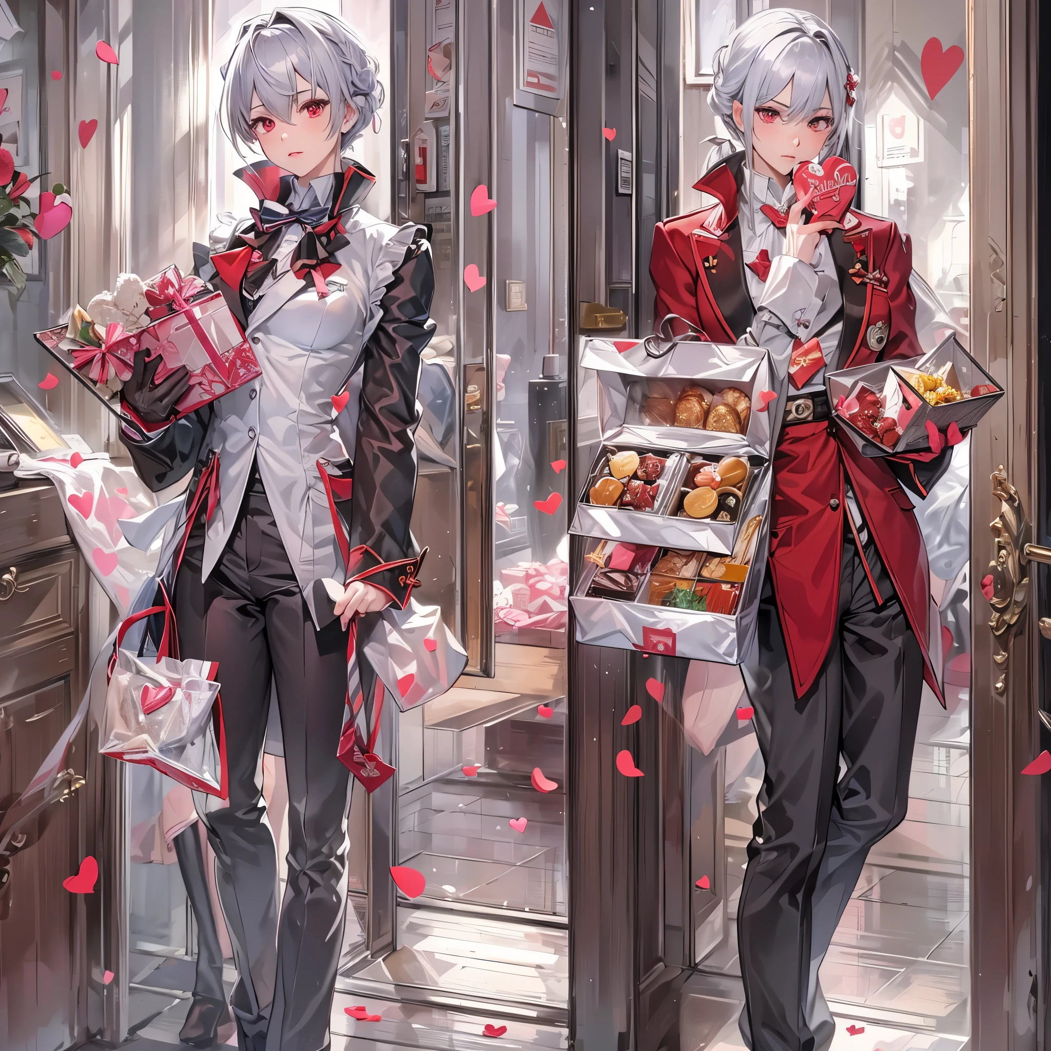 (perfect anatomy, masterpiece:1.2, best quality, 8k, beautiful detailed grow, daydreaming expression), break, ((holding Present beautifully wrapped Valentine's Day chocolates)) (solo silver short hair divine girly boy, Stinking red eyes, serious face), in a butler uniform, in the kicking's front door.