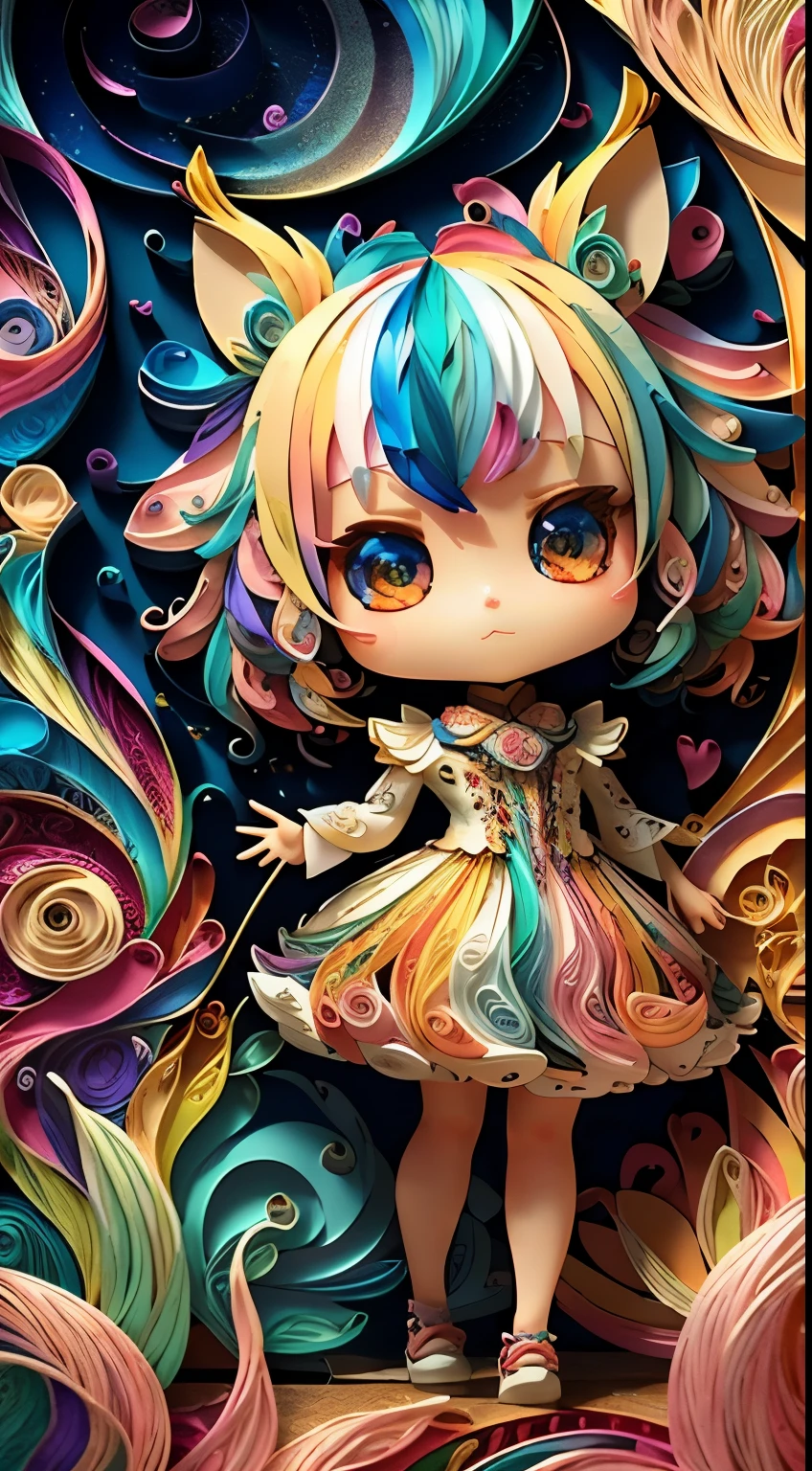 Multidimensional quilling paper、art by、Fractal art、Chibi, Beautiful fece、colourfull、 masterpiece、top-quality、top-quality、Official Art、Beautifully Aesthetic、((8K Ultra Real))