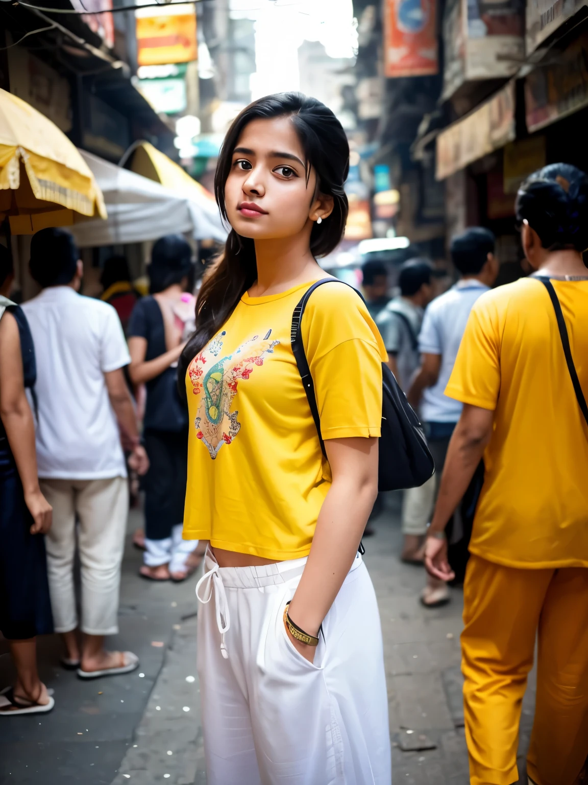 Create a photorealistic image capturing a healthy looking regular 21-year-old Mumbai girl standing amidst the bustling streets of Mumbai. She's dressed in a cropped yellow shirt with embroidery paired with baggy pants, embodying a modern and casual style that contrasts with the dynamic backdrop of the city. This is a long shot, ensuring the environment's vibrancy is fully showcased - from the crowded sidewalks filled with people of all walks of life to the vivid colors and textures of Mumbai's urban landscape. Despite the crowd surrounding her, the girl remains the focal point, perhaps through a depth of field effect that slightly blurs the foreground and background, or by using lighting and composition to naturally draw the viewer's eye towards her. The image should capture the essence of Mumbai's lively streets while emphasizing the girl's individuality and connection to her city. Her expression and posture could reflect a confidence and hope, offering a glimpse into her personal story amidst the city's chaos.