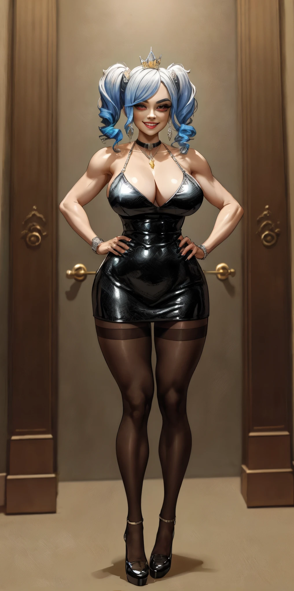 White hair, short bob hair, pinched eyes, thin legs, thin body, leather collar, maid outfit victorian, full body standing symmetrical, hands on hips, wide hips, view from below, high heels feet together, full body standing straight symmetrical, huge cowboy shot, solo 1MILF, lustful smirking smile face, looking at viewer, hands on hips, twintails, twin drills, dress, striped pantyhose, metal handcuffs on their hands with a black maetal slave collar around her neck, cowbell attached to the choker, sleeveless, black stockings, golden tiara