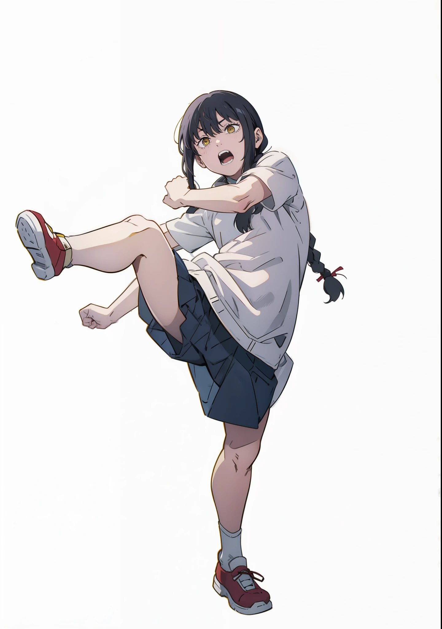 1girl,Kick, A girl kicking a guy in the crotch, (a girl in a light dress), braid, black hair, nayuta, yellow eyes, full body, ((white background)) , masterpiece ,nayuta,