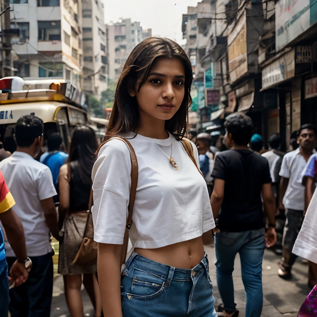 Create a photorealistic image capturing a 21-year-old Mumbai girl standing amidst the bustling streets of Mumbai. She's dressed in a cropped white shirt paired with jeans, embodying a modern and casual style that contrasts with the dynamic backdrop of the city. This is a long shot, ensuring the environment's vibrancy is fully showcased - from the crowded sidewalks filled with people of all walks of life to the vivid colors and textures of Mumbai's urban landscape. Despite the crowd surrounding her, the girl remains the focal point, perhaps through a depth of field effect that slightly blurs the foreground and background, or by using lighting and composition to naturally draw the viewer's eye towards her. The image should capture the essence of Mumbai's lively streets while emphasizing the girl's individuality and connection to her city. Her expression and posture could reflect a range of emotions - from confidence and determination to contemplation and hope, offering a glimpse into her personal story amidst the city's chaos.