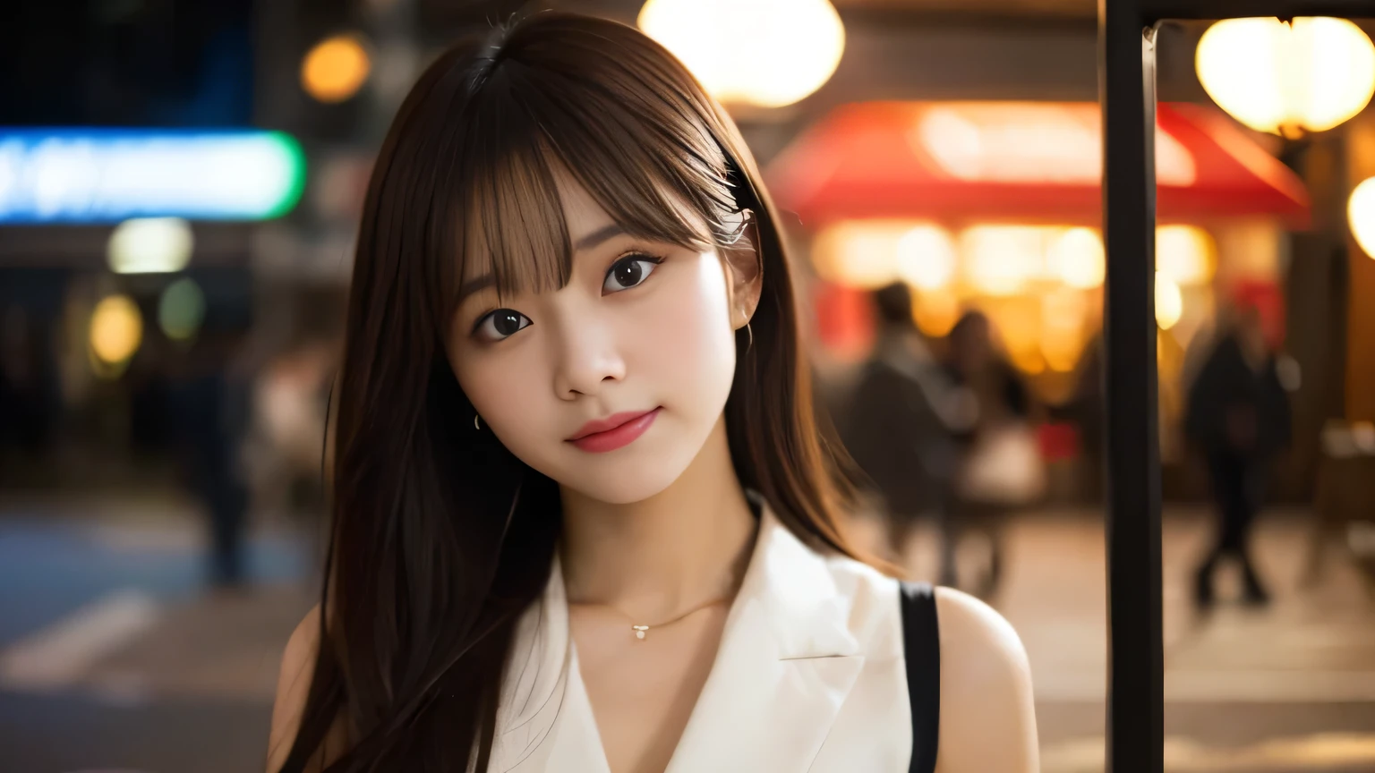 highest quality, table top, ultra high resolution, (Photoreal: 1.4), Front view, Half body, famous japanese actress, revealing clothing, very beautiful woman, cute, Cinematic 35mm lens, f/1 .8, Beautiful double eyes with equal left and right eyes, 上Half bodyショット,It seems so'that'It's going to be a fun date,City of night,Intoxicating atmosphere,with a troubled look on your face
