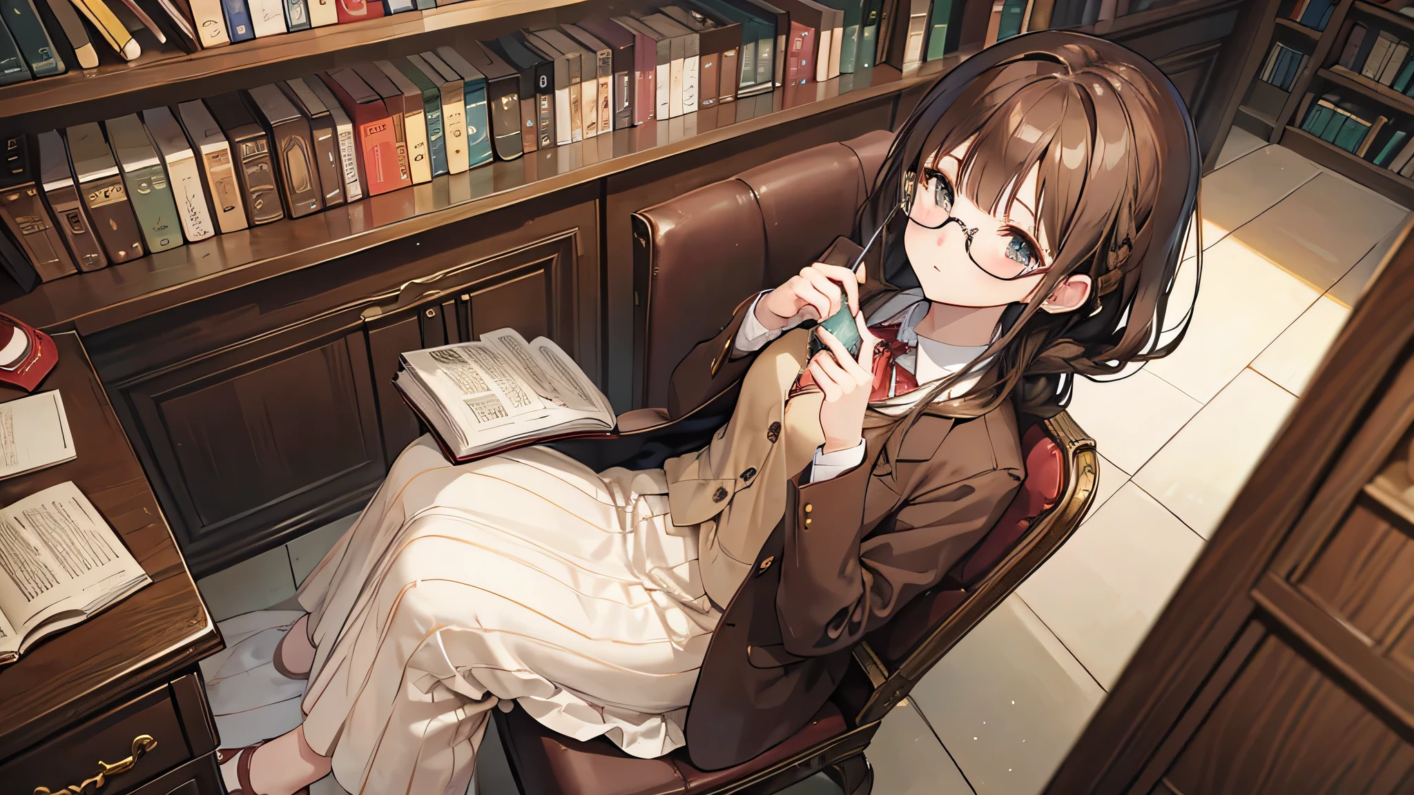 Glasses、brown blazer、Braid、Literary girl、library、Having a book、soft smile、full body shot、brown hair、long skirt、kind girl、clear、look up here、sitting in a chair、Stirring composition