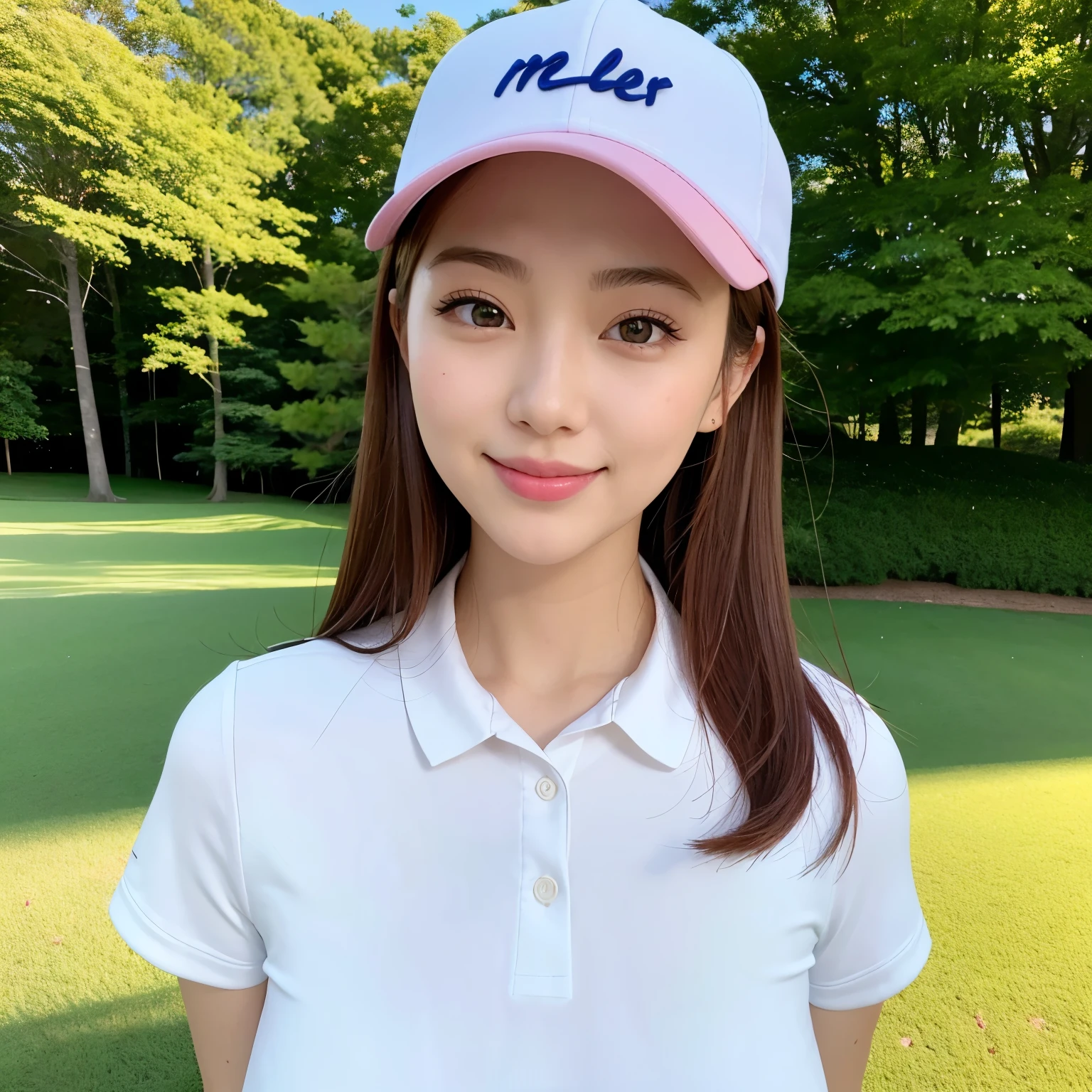 ((highest quality、table top、8K、best image quality、Ultra high definition))、one beautiful golfer、emphasize body line、(perfect white and pink golf wear:1.2)、(Precise and perfect pink and white golf wear:1.2)、(wearing the perfect golf cap:1.1)、(unbelievably huge breasts:1.2)、(emphasize body line:1.2)、accurate anatomy、the best smile when you look at me、I'm on a huge beautiful golf course、(woman face closeup:1.5)、(very bright and vivid:1.3)、(Ultra high definitionの輝く色白美肌:1.1)、Ultra high definitionの顔、Ultra high definitionの髪の毛、Ultra high definitionの煌めく瞳、(Very brightly illuminated, fair-skinned skin:1.2)、Beautiful face drawn in super detail、beautiful brown hair