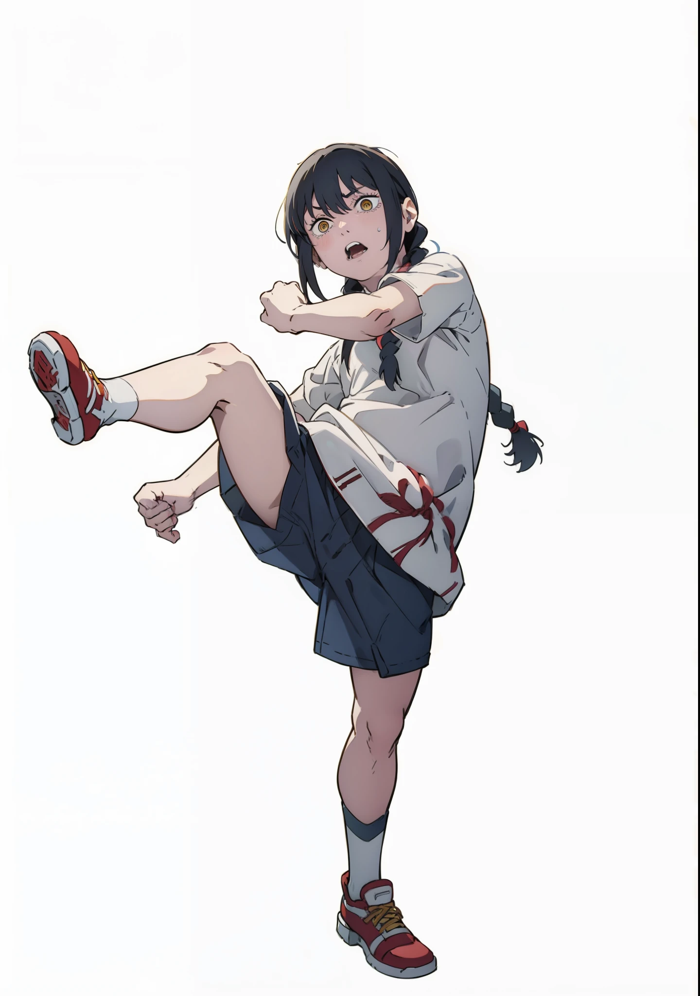 1girl,Kick, A girl kicking a guy in the crotch, (a girl in a light dress), braid, black hair, nayuta, yellow eyes, full body, ((white background)) , masterpiece ,nayuta,