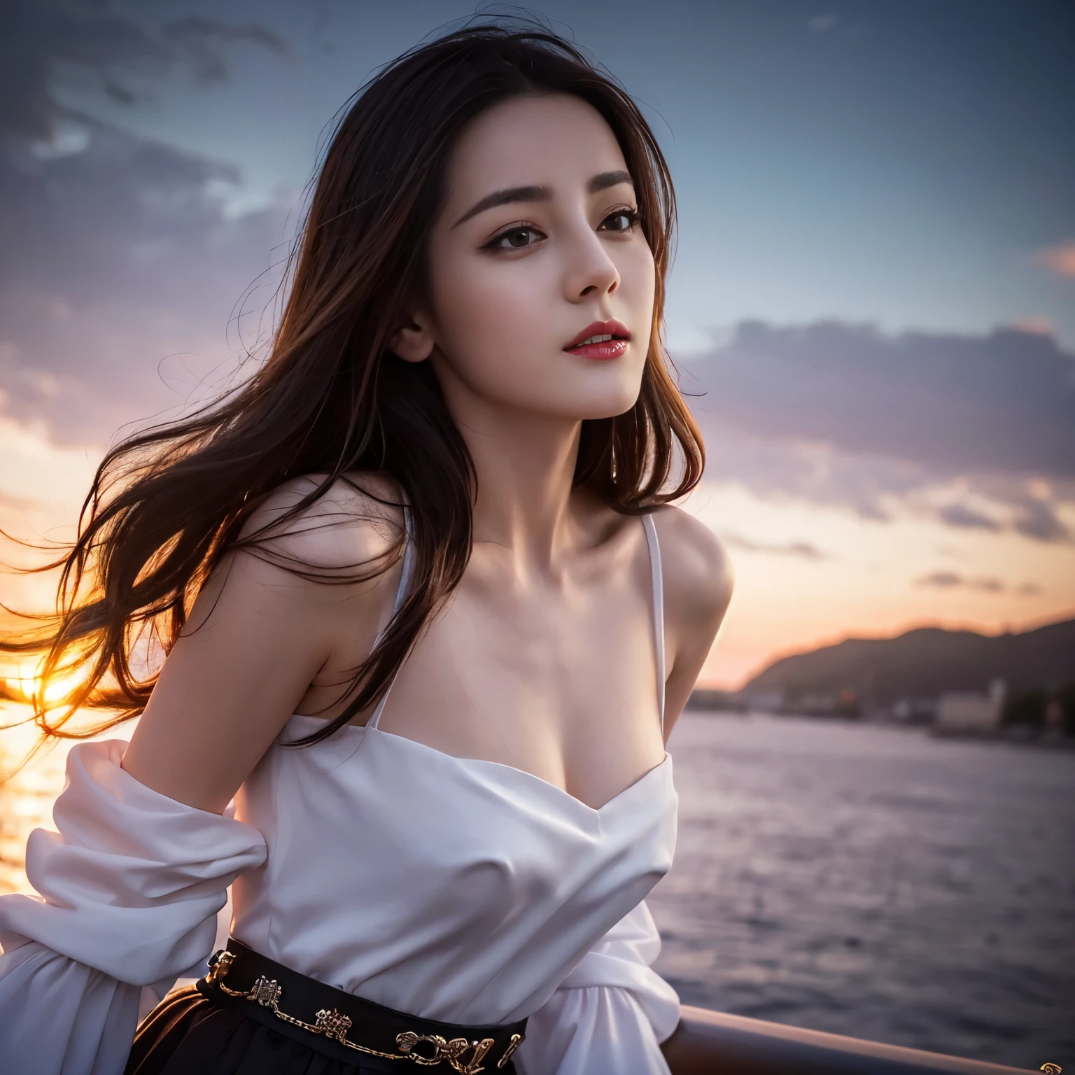 ((top quality、8k、​Masterpiece:1.3))、Extremely delicate and beautiful girl，realistically，Extremely ridiculous，Abstractionism，full-body shot，catch，Extra detailed body，Port wind，，flowing hair，light brown hair，viton hair，beautiful fine hair，Exquisite and beautiful face，Smile，clear eyes， black eyes，nice skirt，beautiful clear background，beautiful sky，bloom，very precise details，absurd，very CG，((A sexy mature girl:1.5))、thick lips、deep red lip gloss、eye makeup、((40 years:1.5))、sunset sky，huge breasts，Larger breasts，amazing breast size，Extensive exposure，More nudity