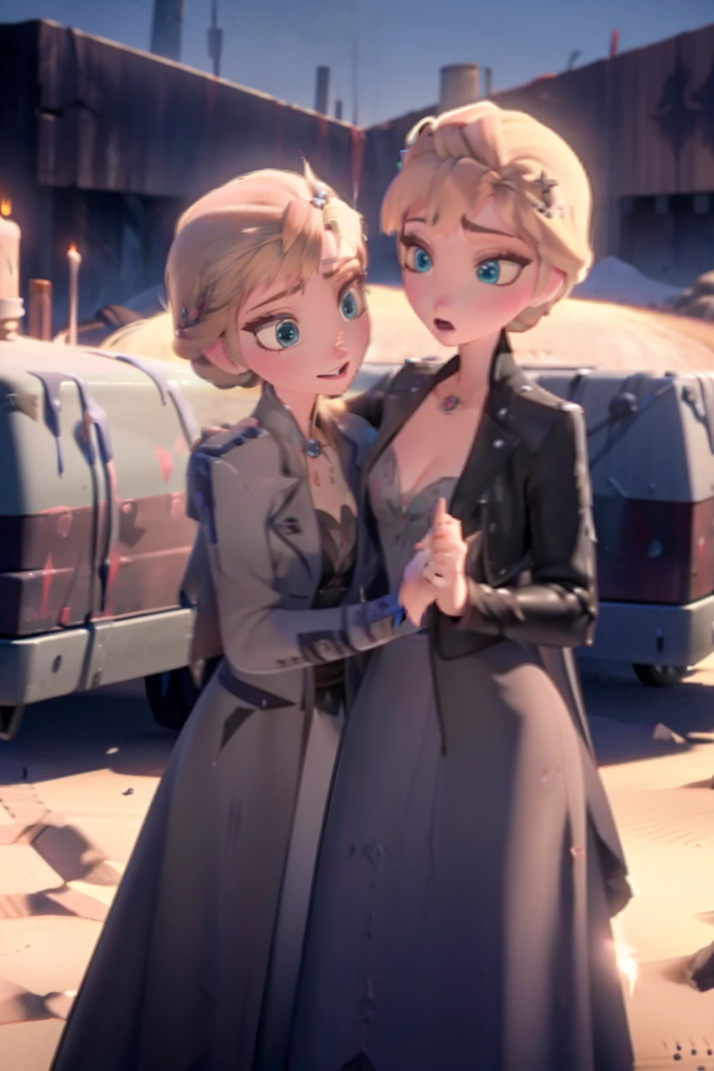 Elsa and Anna, post apocalyptic, two women, Elsa standing next to Anna, sisters,  desert, mad max, scarred, Post apocalyptic desert wasteland, Mad max, ear piercing, nose ring, gothy, torn clothes, Long jacket, scarrred, scarred, scarred, bruised, beat up, scarred, NSFW, breast exposed
