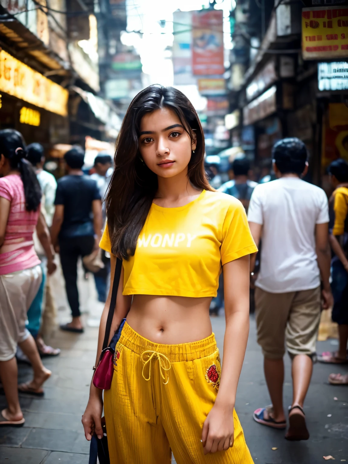 Create a photorealistic image capturing a healthy looking regular 21-year-old Mumbai girl standing amidst the bustling streets of Mumbai. She's dressed in a cropped yellow shirt with embroidery paired with baggy pants, embodying a modern and casual style that contrasts with the dynamic backdrop of the city. This is a long shot, ensuring the environment's vibrancy is fully showcased - from the crowded sidewalks filled with people of all walks of life to the vivid colors and textures of Mumbai's urban landscape. Despite the crowd surrounding her, the girl remains the focal point, perhaps through a depth of field effect that slightly blurs the foreground and background, or by using lighting and composition to naturally draw the viewer's eye towards her. The image should capture the essence of Mumbai's lively streets while emphasizing the girl's individuality and connection to her city. Her expression and posture could reflect a confidence and hope, offering a glimpse into her personal story amidst the city's chaos.