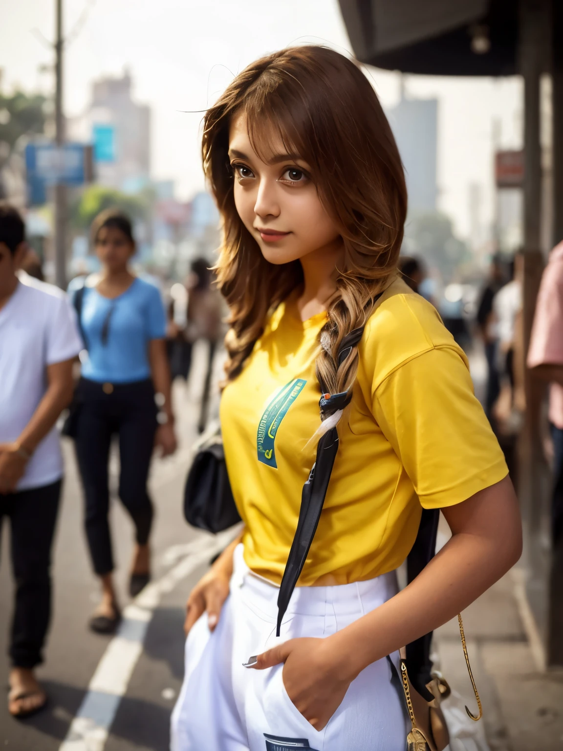 Create a photorealistic image capturing a healthy looking regular 21-year-old Mumbai girl standing amidst the bustling streets of Mumbai. She's dressed in a cropped yellow shirt with embroidery paired with baggy pants, embodying a modern and casual style that contrasts with the dynamic backdrop of the city. This is a long shot, ensuring the environment's vibrancy is fully showcased - from the crowded sidewalks filled with people of all walks of life to the vivid colors and textures of Mumbai's urban landscape. Despite the crowd surrounding her, the girl remains the focal point, perhaps through a depth of field effect that slightly blurs the foreground and background, or by using lighting and composition to naturally draw the viewer's eye towards her. The image should capture the essence of Mumbai's lively streets while emphasizing the girl's individuality and connection to her city. Her expression and posture could reflect a confidence and hope, offering a glimpse into her personal story amidst the city's chaos.