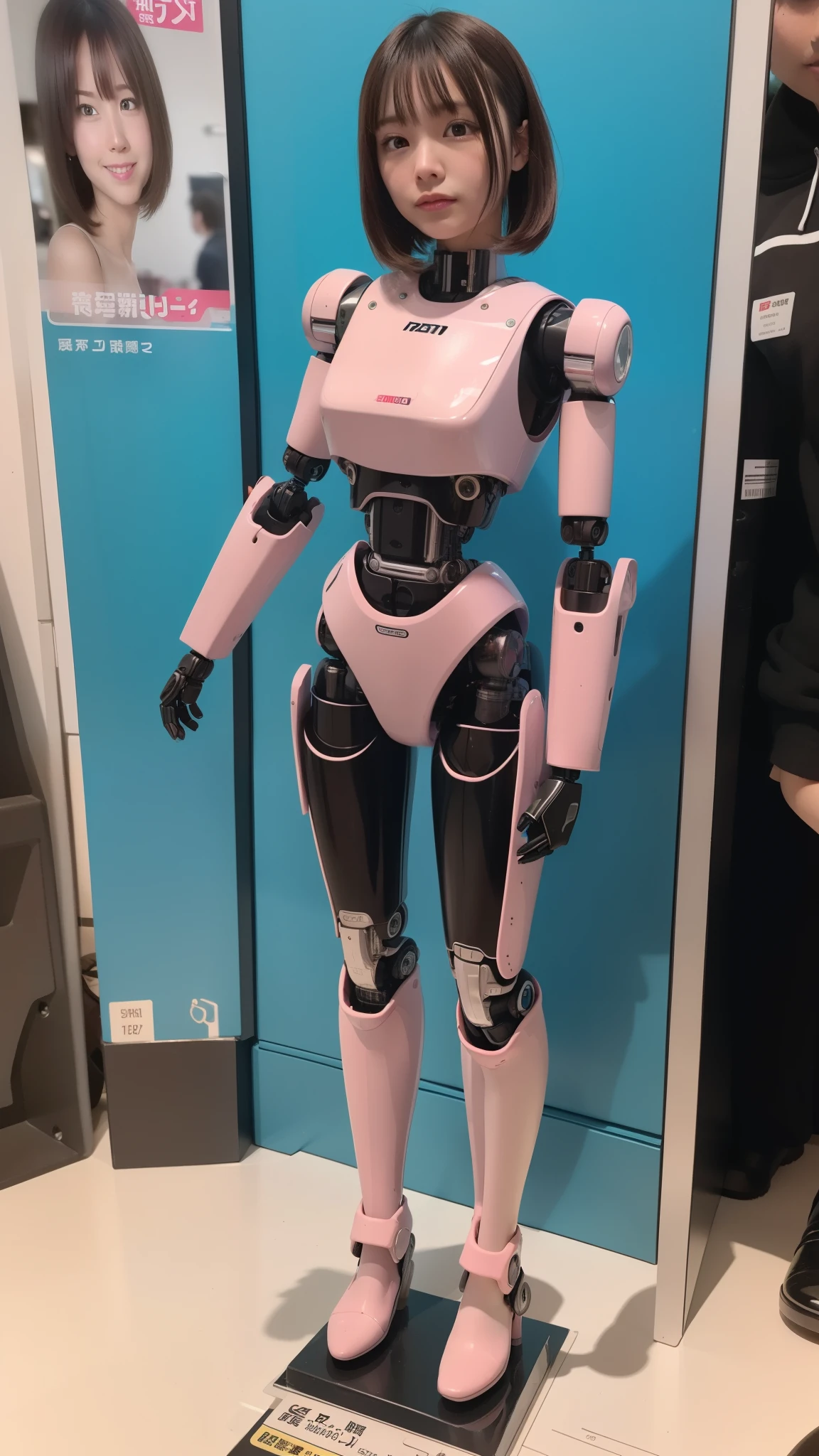 cyborg, pink there, Silver, Metallic body, Robot Parts, Metal Parts, Super Detailed Face, Super well-formed face, of the highest quality, a small face, a small head, full body, Brown hair, Slender body, Camera gaze, Internal Mechanical Exposure, Idol, Well-proportioned body, gravure, Photo session, Akihabara, Moe Pose, Standing with legs open, Model body type, sad, Embarrassing,(Perfect Robot Girl),(Perfect machine body)