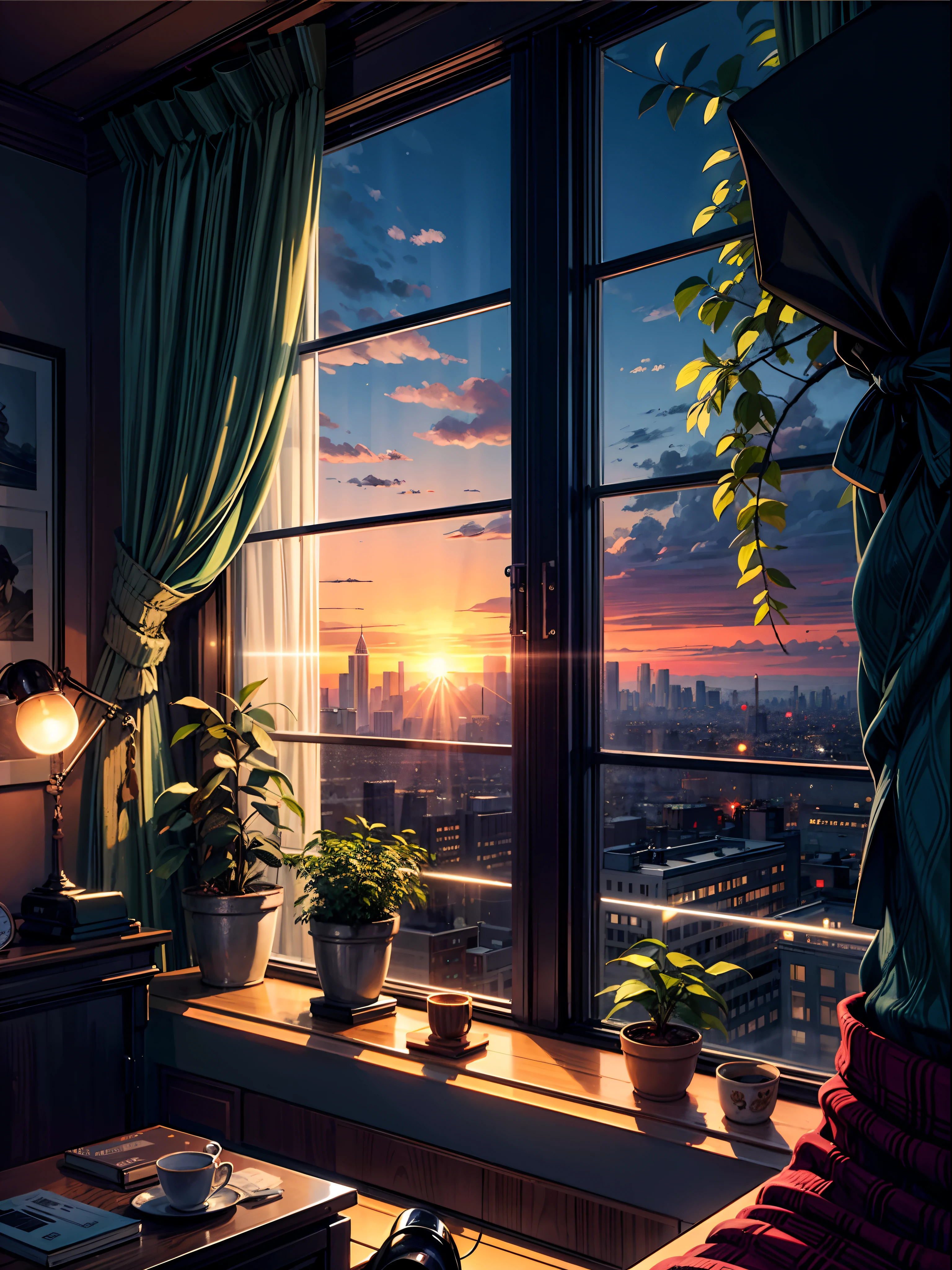 there is a room with a view of the city at night, scenery wallpaper aesthetic, wallpaper aesthetic, beautiful aesthetic art, beautiful and aesthetic, lofi artstyle, beautiful cityscape, lofi art, cozy wallpaper, anime background art, cityscape in the window, watching the sun set. anime, anime aesthetic, lo-fi illustration style, city sunset, lofi aesthetic
