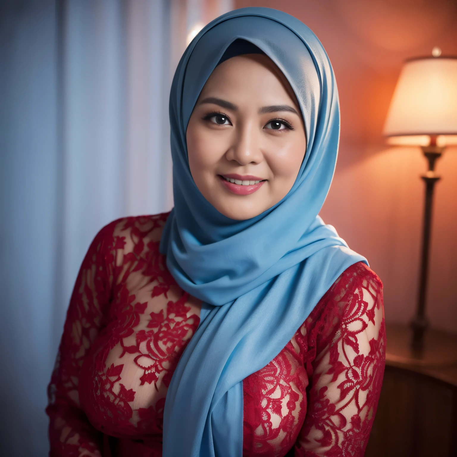56 Years old, matured malay woman in hijab wearing lace red color pajamas portrait photography, mid shot photo, ultra detail, professional photograph with professional lighting, smile, light blue studio background, sexy seducing pose, curvy