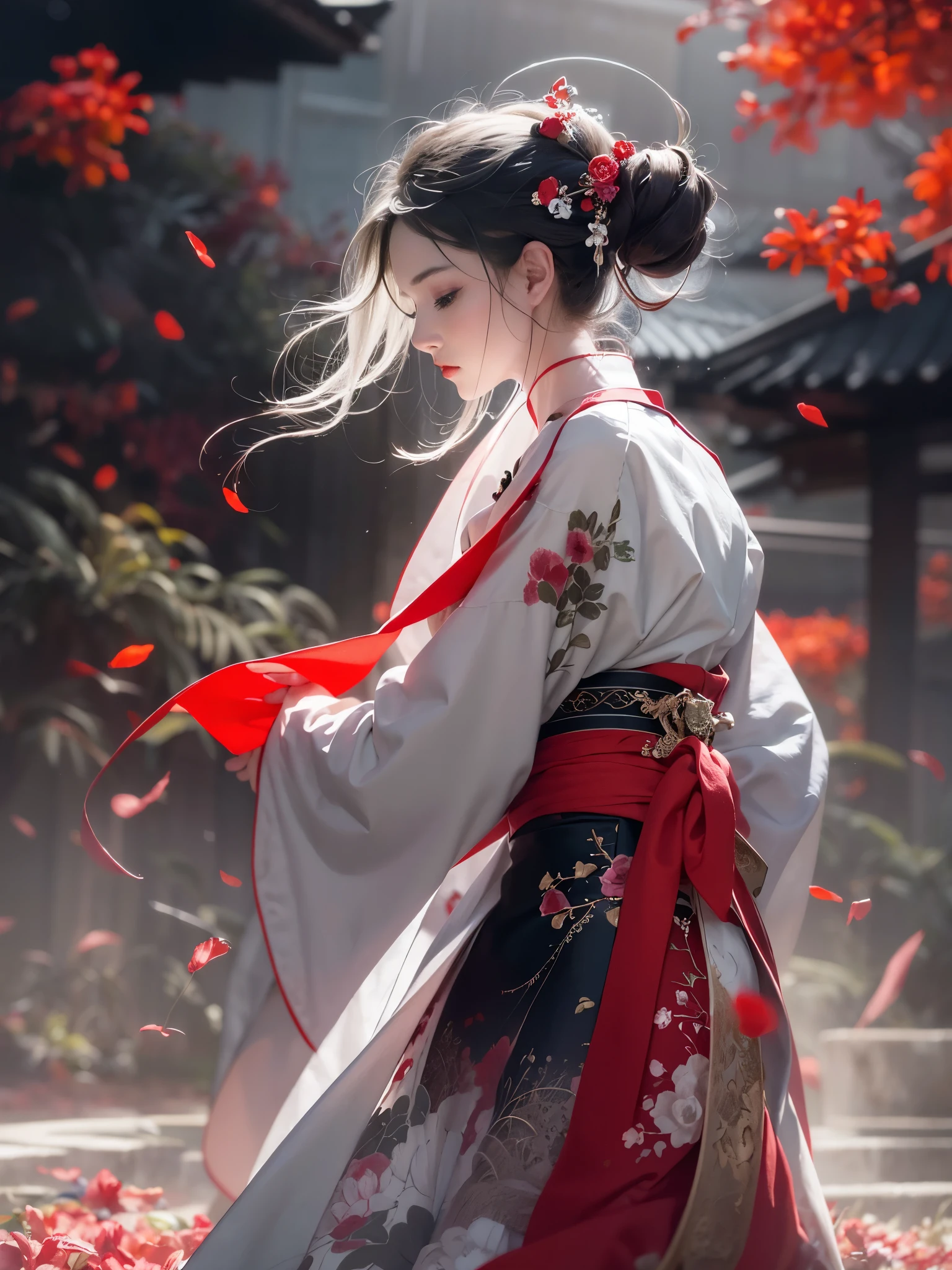 Super high quality, masterpiece, perfect illustration, extreme detail (exquisite light and shadow, highly dramatic picture,) Stroke, 1 girl, solo, (wearing red, black and white Hanfu,) flower field, flowers, (white smoke:1.3) (Realistic:1.4), Zen entanglement, tangled, official art, Unity 8k wallpaper, super detailed, beautiful and beautiful, masterpiece, best quality, (dynamic angle: 1.4), glowing skin, (floating colorful flashes: 1) the most beautiful chaotic forms, elegant, brutalist design, Bright colors, romantic depth of field exotic_dance, half_naked