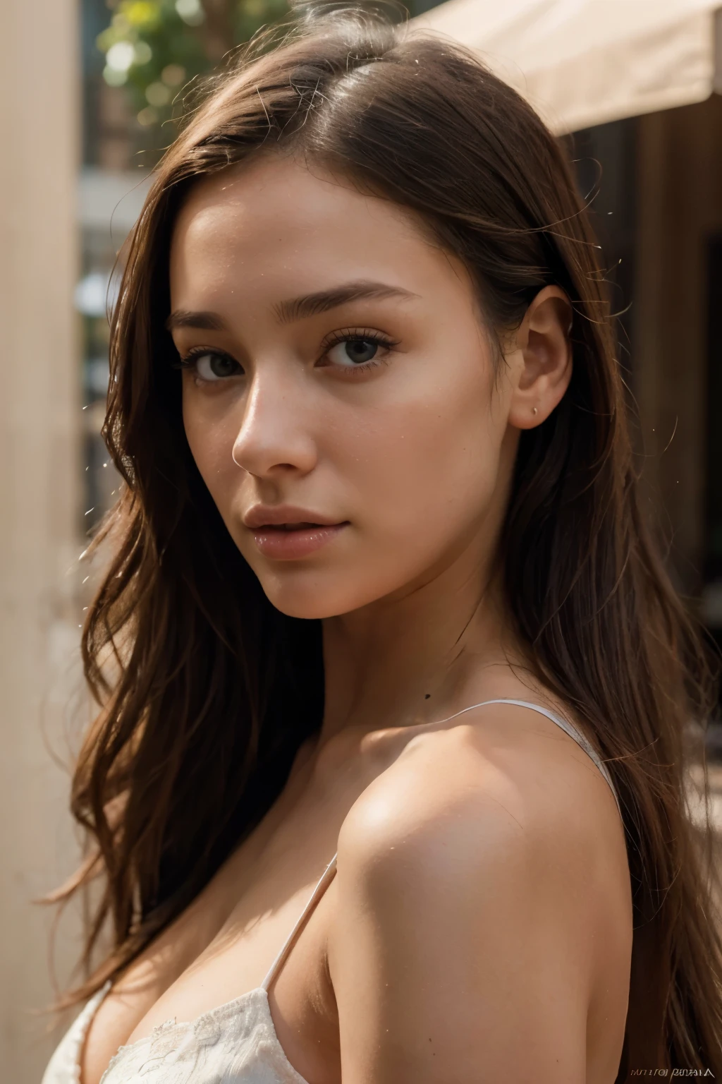 (best quality:1.4), (Ultra Highres:1.2), (fotorrealista:1.4), (8k, Foto RAW:1.2), 1girl, Casual Clothes, Outside, side view, parte superior do corpo, cabelo em um coque, Posando. there is a woman, portrait sophie mudd, thick neck, 19 year old female model, latina, angelawhite, violet myers, 22 years old, 21 years old, profile image, italian, italian latina, Alycia Debnam-Carey, hazel eyes, realistic, post-processing, maximum detail,