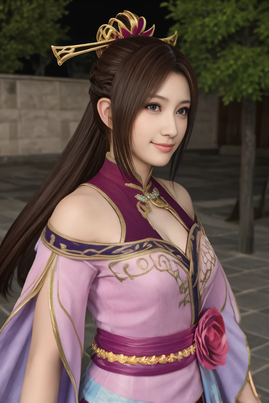 Diaochan from Sangoku Musou 8,masterpiece、1 cute girl、-yeld hischool stne eyes、puffy eyes、bright outdoors,Bright downtown、highest quality, 超High resolution, (reality: 1.4), movie lighting、Japanese、asian beauty、Korean、super beautiful、beautiful skin、body facing forward、whole body,Upper body、(超reality的な)、(High resolution)、(8K)、(very detailed)、(美しくfine eyes)、(Super detailed)、 (wall-)、detailed face、bright lighting、professional lighting、looking at the viewer、look straight ahead、slanted bangs、brown hair、Nogizaka idol、