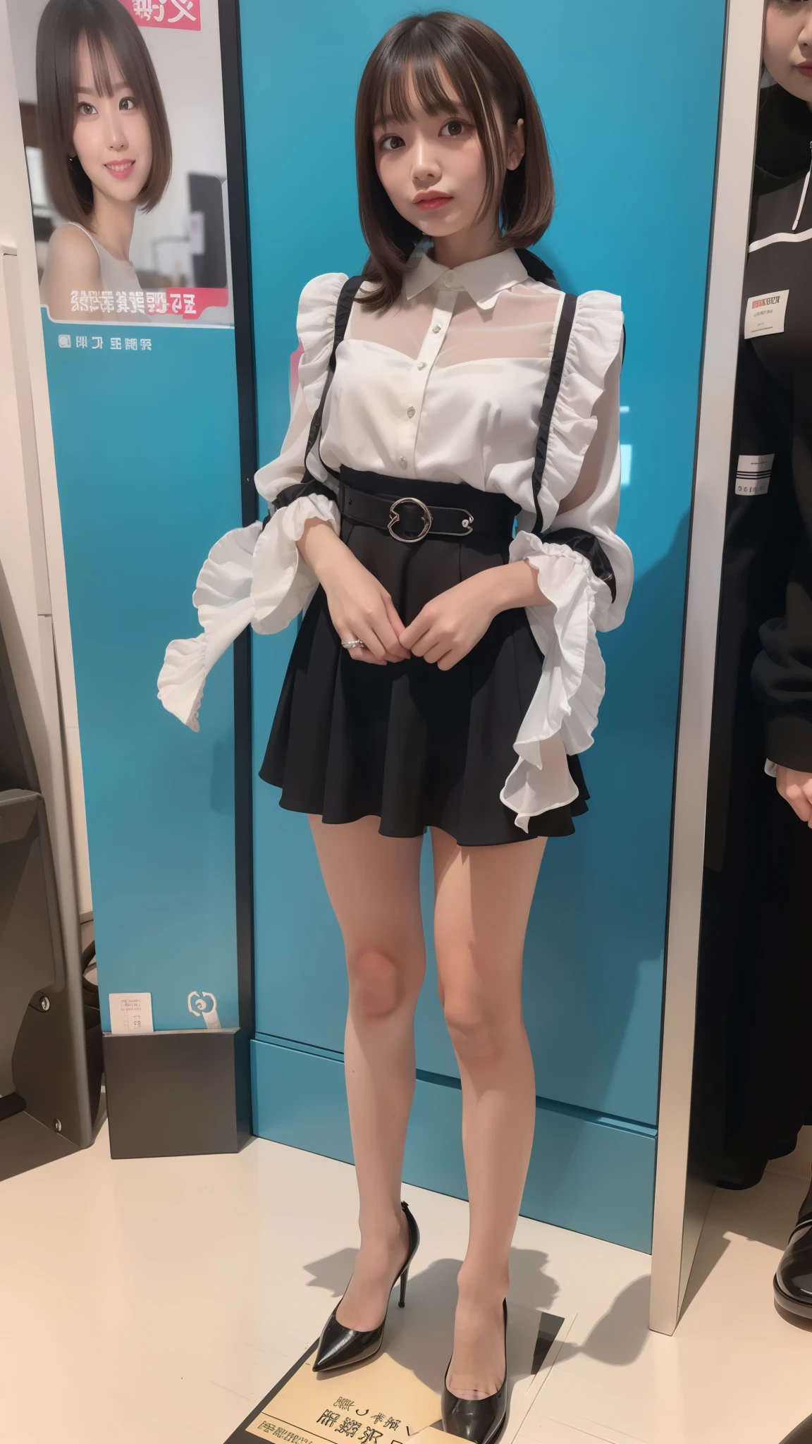 Silver satin ruffled blouse, black skirt, robot