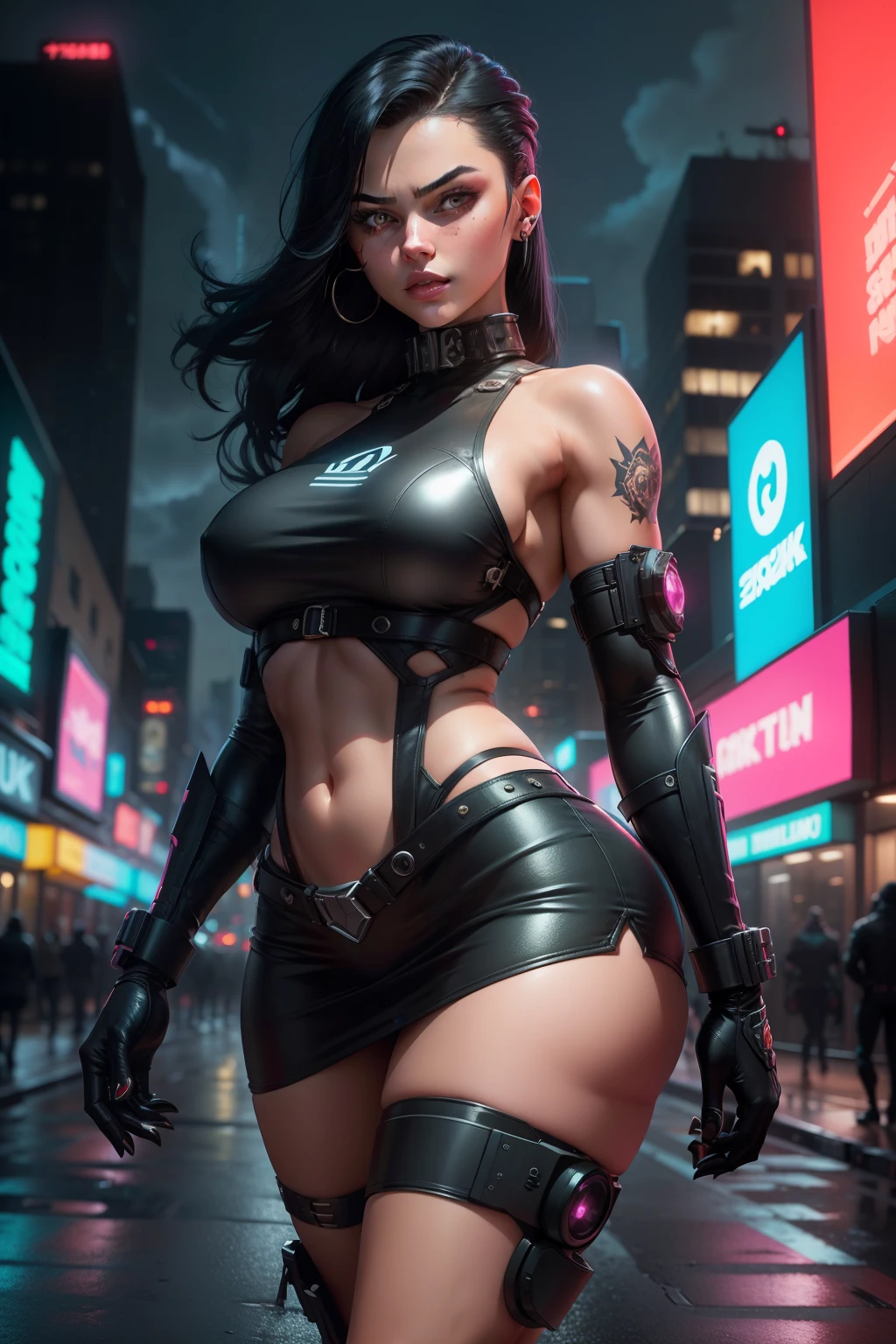 In the heart of a gritty, neon-lit city, a cyborg girl named Zara stands fearlessly before a colossal crystal ball that looms ominously in the middle of the bustling road. Her short, sleek black hair is slicked back, contrasting starkly against her prominent muscles and her skin-tight mini skirt. High heels click rhythmically on the asphalt as she maintains her steady stance.

Zara's cybergized features gleam under the vibrant, luminous palette of the scene, her curves artfully accentuated in this intricately detailed comic book depiction. With a slight smirk, she raises her machine gun – a