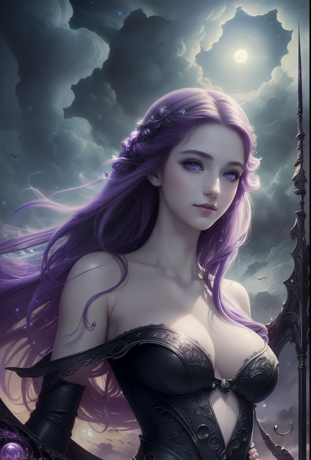 ((bestquality)), ((masterpiece)), (Detailed)), Ethereal beauty, (Fantasy Illustration: 1.3), Full body, beautiful face, purple eyes ,pale skin, Happy smile, Staring charmingly., Cute gestures., straight black hair, A beautiful purple dress shows off her shoulders.. , Extraterrestrial charm, Mysterious Sky, (Luis Royo:1.2), moonlit night, soft colors, (Detail Clouds:1.3), (high-res:1.2)