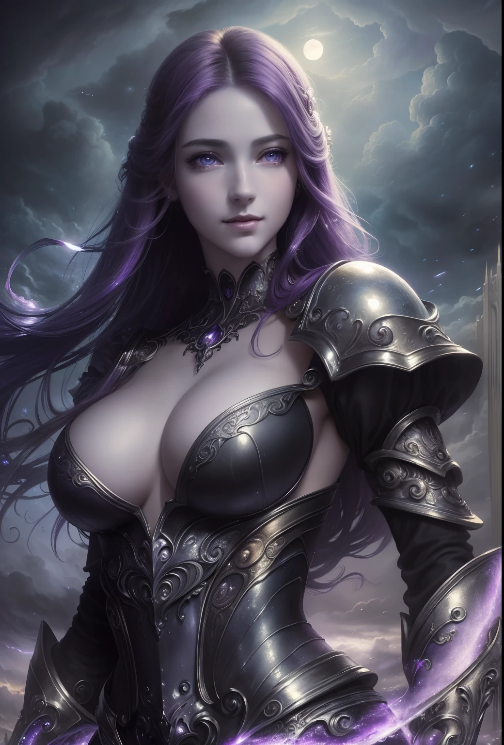 ((bestquality)), ((masterpiece)), (Detailed)), Ethereal beauty, (Fantasy Illustration: 1.3), Full body, beautiful face, purple eyes ,pale skin, Happy smile, Staring charmingly., Cute gestures., straight black hair, A beautiful purple dress shows off her shoulders.. , Extraterrestrial charm, Mysterious Sky, (Luis Royo:1.2), moonlit night, soft colors, (Detail Clouds:1.3), (high-res:1.2)