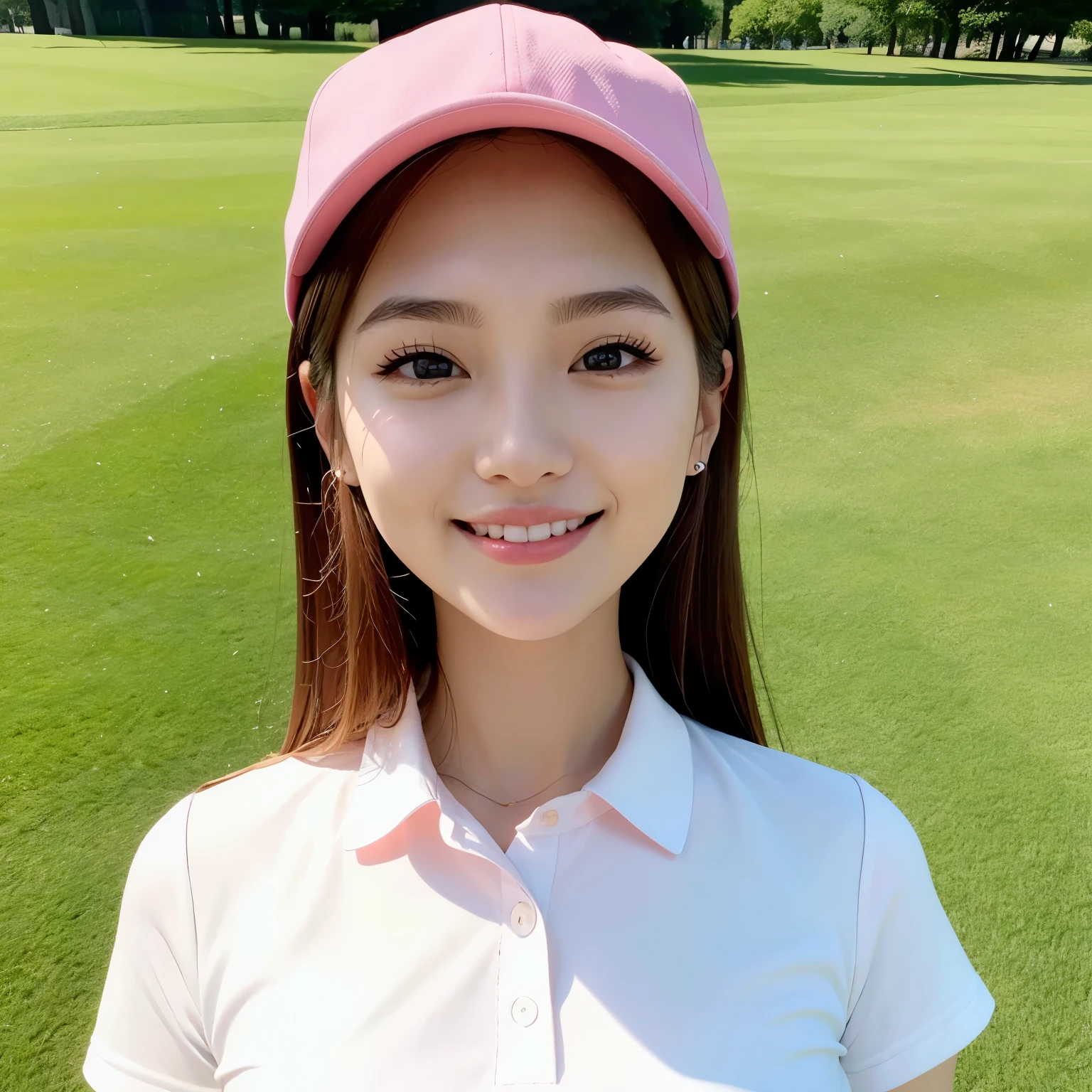 ((highest quality、table top、8K、best image quality、Ultra high definition))、one beautiful golfer、emphasize body line、(perfect white and pink golf wear:1.2)、(Precise and perfect pink and white golf wear:1.2)、(wearing the perfect golf cap:1.1)、(unbelievably huge breasts:1.1)、(emphasize body line:1.1)、accurate anatomy、the best smile when you look at me、I'm on a huge beautiful golf course、(woman face closeup:1.5)、(very bright and vivid:1.3)、(Ultra high definitionの輝く色白美肌:1.1)、Ultra high definitionの顔、Ultra high definitionの髪の毛、Ultra high definitionの煌めく瞳、(Very brightly illuminated, fair-skinned skin:1.2)、Beautiful face drawn in super detail、beautiful brown hair