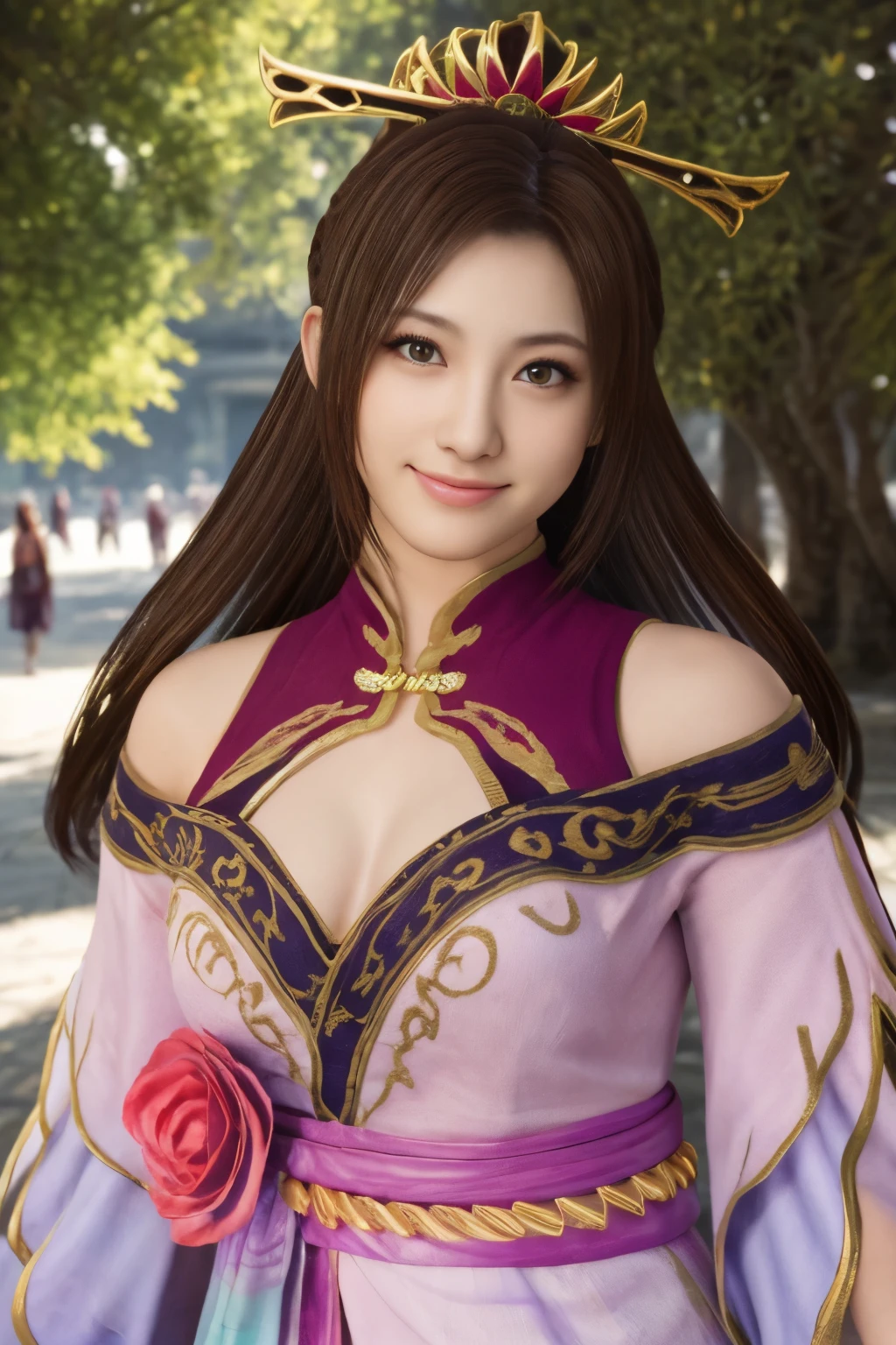 Diaochan from Sangoku Musou 8,masterpiece、1 cute girl、-yeld hischool stne eyes、puffy eyes、bright outdoors,Bright downtown、highest quality, 超High resolution, (reality: 1.4), movie lighting、Japanese、asian beauty、Korean、super beautiful、beautiful skin、body facing forward、whole body,Upper body、(超reality的な)、(High resolution)、(8K)、(very detailed)、(美しくfine eyes)、(Super detailed)、 (wall-)、detailed face、bright lighting、professional lighting、looking at the viewer、look straight ahead、slanted bangs、brown hair、Nogizaka idol、