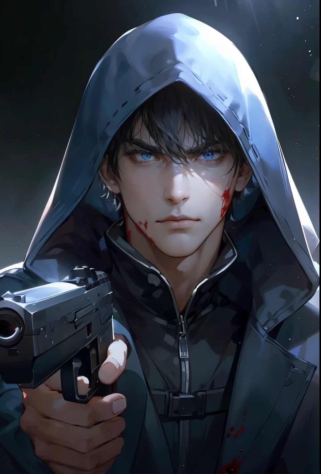 1 boy, handsome man, perfect male figure, high quality, best quality, portrait, dynamic poses, (mercenary, hold a pistol, angry, frown), hooded jacket, blueeyes, blood on face, Ray tracing, dramatic shadows, drama production, Cinema lighting, delicate face