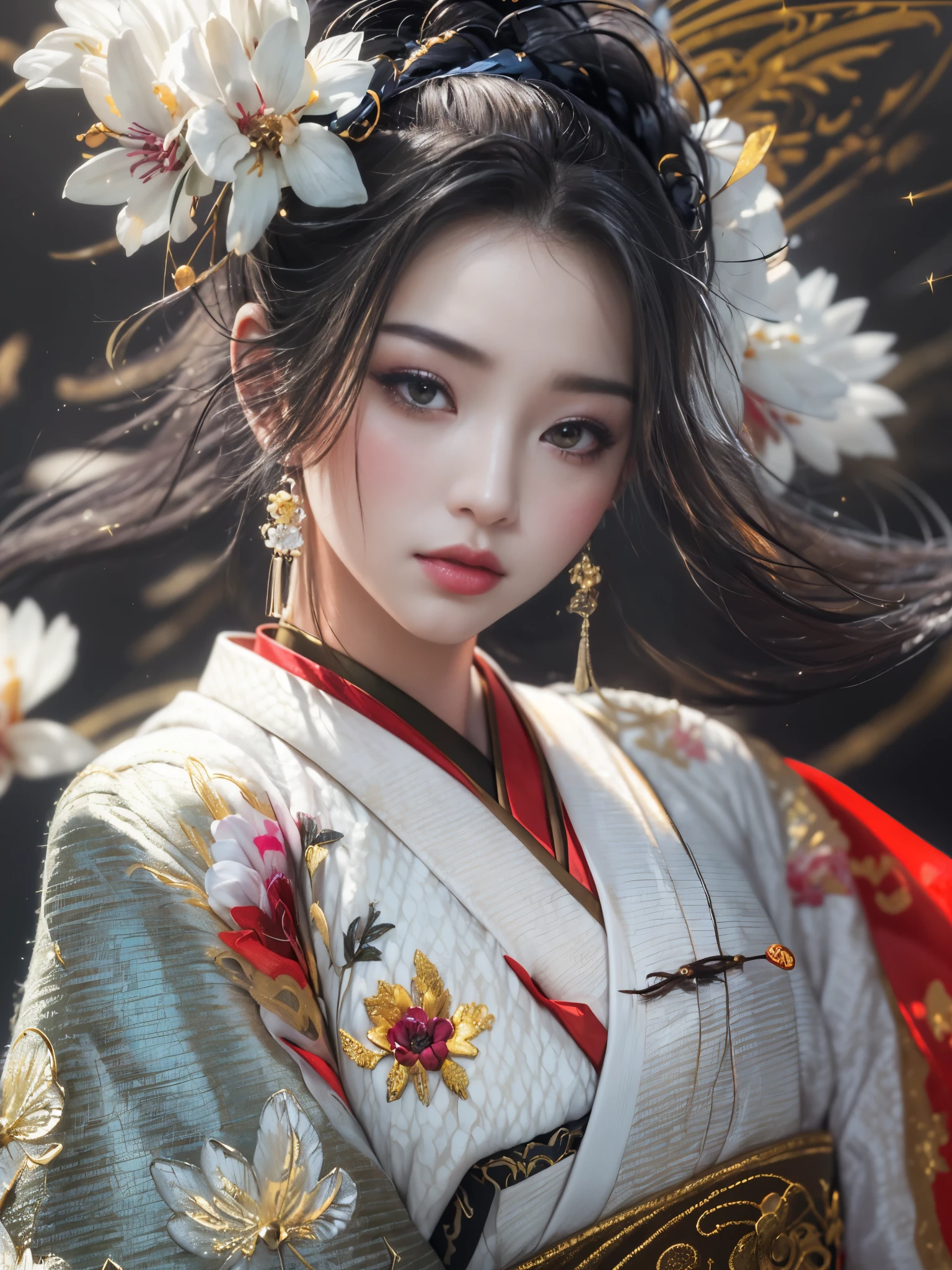 Super high quality, masterpiece, perfect illustration, extreme detail (exquisite light and shadow, highly dramatic picture,) Stroke, 1 girl, solo, (wearing red, black and white Hanfu,) flower field, flowers, (white smoke:1.3) (Realistic:1.4), Zen entanglement, tangled, official art, Unity 8k wallpaper, super detailed, beautiful and beautiful, masterpiece, best quality, (dynamic angle: 1.4), glowing skin, (floating colorful flashes: 1) the most beautiful chaotic forms, elegant, brutalist design, Bright colors, romantic depth of field exotic_dance, half_naked, Background with((ancient city:1.2)And the moon、(dense background:1.5))、BREAK {{{Luxury kimono(Colorful kimono(Detailed golden embroidery,))}}}、face perfect,Depict a beautiful and graceful woman of Japan,poneyTail、Woman with shiny black hair、perfect hand,Heart in the eye。odd eye,full body Esbian,Blur the background with a sickle,((masutepiece)), ((Best Quality))Wallpapers 16K, .Blur the background with a sickle,BREAK,((masutepiece)), ((Best Quality)),epicd(Lige Fries Photography、sony a7、50 millimeters、pores:1.5、Farbe、ultra-detailliert:1.5、film grains:1.4、hyper realisitic:1.5)、octan render、 ultra realistic lifelike textures、masterpiece、unrealengine5、the Extremely Detailed CG Unity 8K Wallpapers、Madly detailed photo、Ultra-realistic light、(Pulitzer Prize for Best Photography、Taylor Wessing Award for Best Photography) Potrait girl with bokeh background, long dresss, women with long dress focus on girl, natural skin oil masterpiece, zeus 23mm f2 realistic, beautiful oil face skin, little oil face reflection, realistic skin, realistic hair, realistic fantasy hair masterpiece, realistic face masterpiece, realistic all object, blur depht of field, fireflies
