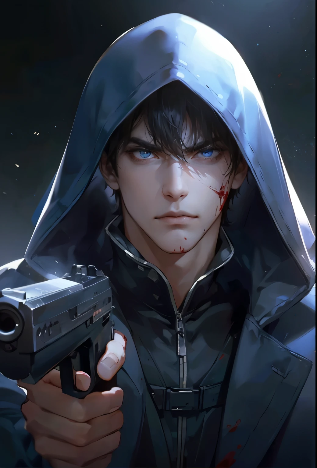 1 boy, handsome man, perfect male figure, high quality, best quality, portrait, dynamic poses, (mercenary, hold a pistol, angry, frown), hooded jacket, blueeyes, blood on face, Ray tracing, dramatic shadows, drama production, Cinema lighting, delicate face