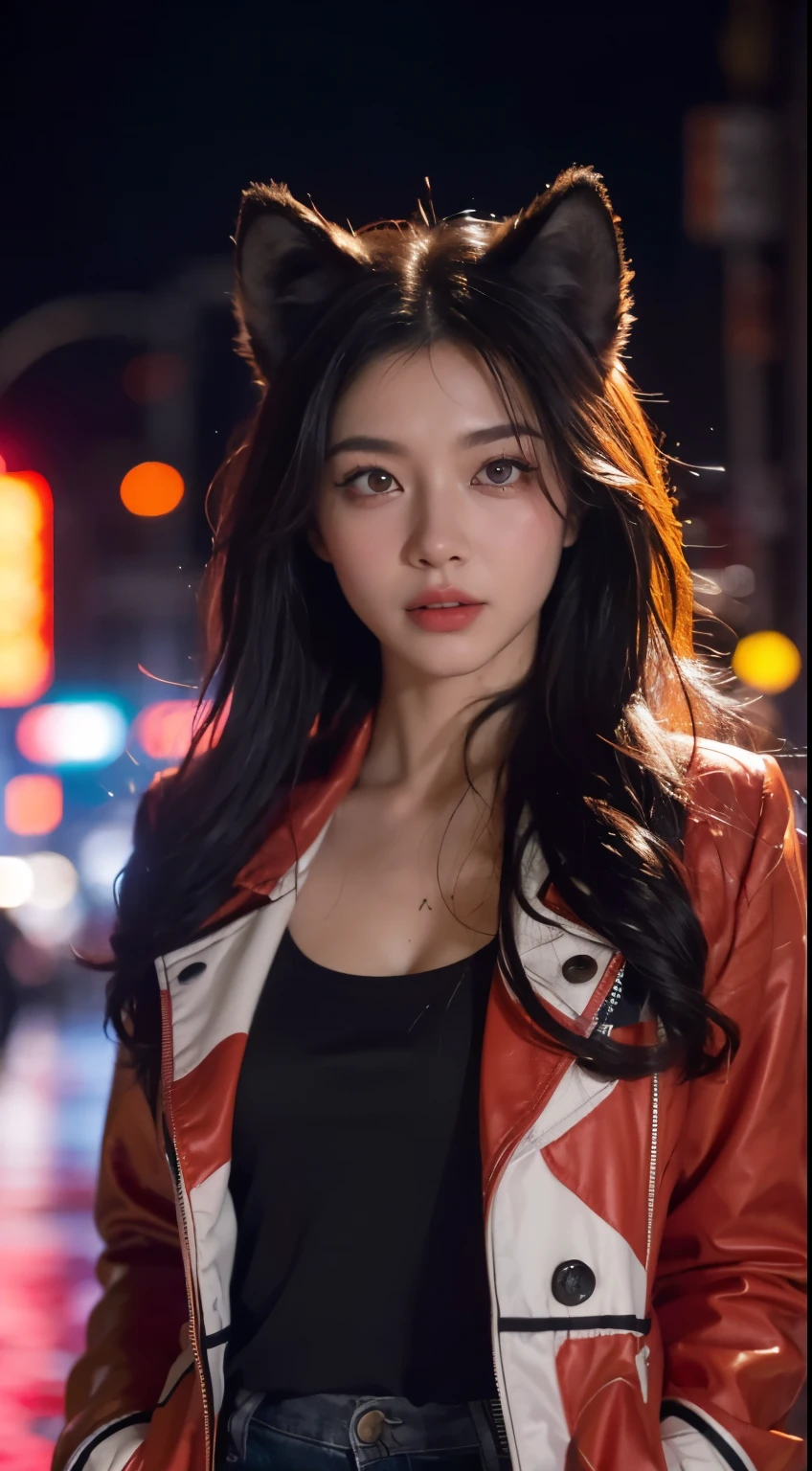 (better details, high quality), furry wolf, Walk through the city, (night, bright lights, city environment), (dynamic framing, intense expression, messy hair), (Bright red eyes, detail jacket), (Colored spots, wet street), (Focus on the wolf&#39;s head), (Bright focus on the eyes).