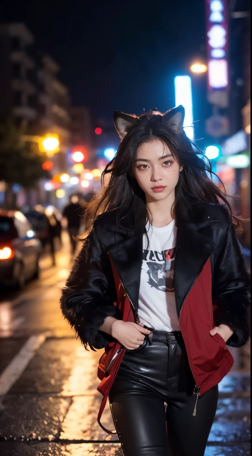 (better details, high quality), furry wolf, Walk through the city, (night, bright lights, city environment), (dynamic framing, intense expression, messy hair), (Bright red eyes, detail jacket), (Colored spots, wet street), (Focus on the wolf's head), (Bright focus on the eyes).