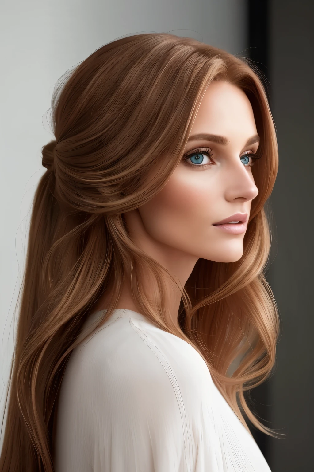 Photo of a European woman, photorealistic и斯хияrealistic, high quality, beautiful face, (Medium red/blonde balayage hair), long straight hair put up in a ponytail, 30 years old, ultra contrast, tanned skin, captivating green eyes, the epitome of beauty, black smoky eye shadow, finely detailed and extremely realistic, centered, Glamorous full-length portrait, Profile view, looking back at the camera.
Photographed using a Canon EOS R5, 85mm Lens, F/1.4, high dynamic range, (12К), capturing every detail