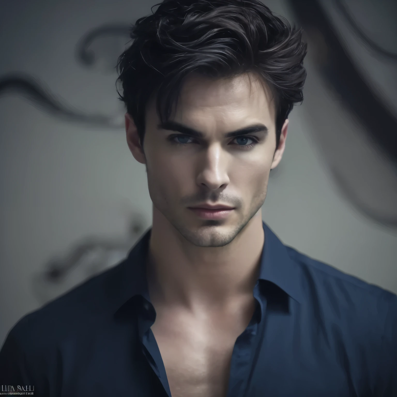 imagem de um homem com uma camisa ao posar para uma foto, modelo masculino, Macho bonito, bonito rosto atraente, rosto bonito perfeito, rosto masculino bonito, retrato masculino, macho atraente, cinematic headshot portrait, sharp looking portrait, linha angular do maxilar, macho com cabelos pretos e olhos azuis, Ian Somerhalder 8k