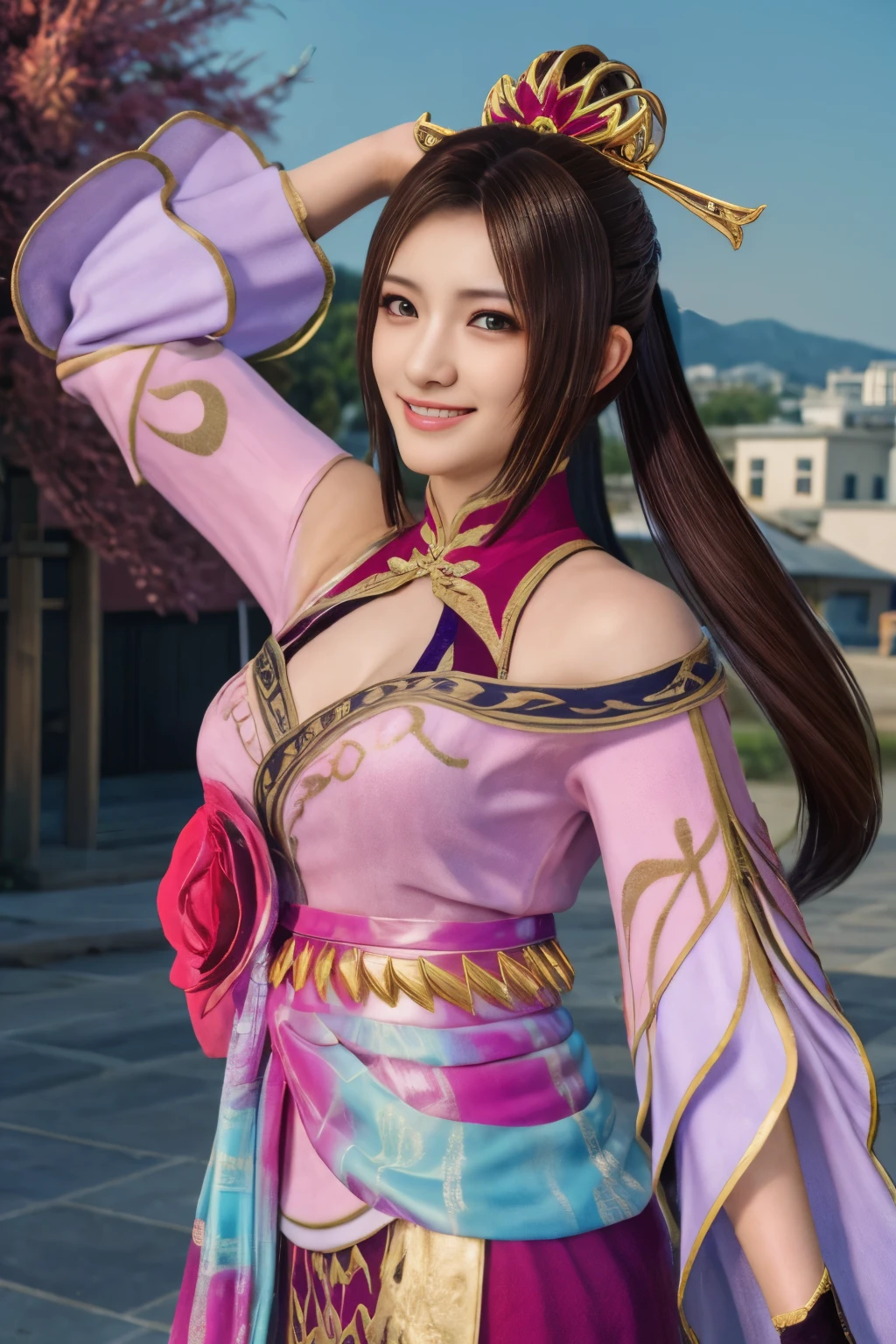 Diaochan from Sangoku Musou 8,masterpiece、1 cute girl、17-year-old high school student、smile,fine eyes、puffy eyes、bright outdoors,Bright downtown、highest quality, 超High resolution, (reality: 1.4), movie lighting、Japanese、asian beauty、Korean、super beautiful、beautiful skin、body facing forward、whole body,Upper body、(超reality的な)、(High resolution)、(8K)、(very detailed)、(美しくfine eyes)、(Super detailed)、 (wall-)、detailed face、bright lighting、professional lighting、looking at the viewer、look straight ahead、slanted bangs、brown hair、Nogizaka idol、