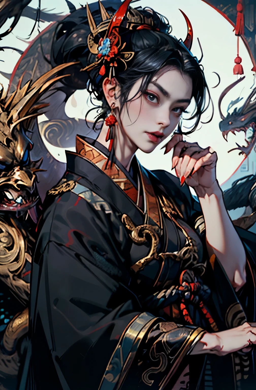 beautiful demon painting, Japanese swordを持った鬼の女, Japanese swordを振りかぶる鬼の女, strong female samurai, Japanese sword, Japanese sword, 抜身のJapanese sword, 長いJapanese sword, Japanese sword, Japanese sword, A skilled swordsman, female bodyguard, demon samurai, 2book corner, mouth with fangs, Eyes without pupils, gambling, Kumatori, Hyakka Ryōran, Flower of Shura, Looks like he's in his late 20s, beautiful black haired demon, sharp beauty, Beautiful red kimono, Dr. Moonlight, Oiran, highest ranking woman, Ghost Girl, Female Yakuza, Doji Ibaraki, Shuten Douji, Inspired by Chen Yifei, Inspired by Francesco Hayez, Inspired by Hendrik Terbruggen, Jean=Works that influenced Auguste Dominique Ingres, Inspired by Liu Jun, Jean=Works that influenced Auguste Dominique Ingres, highest quality, perfect angle, perfect composition, The perfect subject, best shot, official art, cinematic light, figurative art, Beautiful and expressive paintings, Beautiful artwork illustration, wonderful, cool beauty, clear, Mysterious, highest quality, official art, perfect composition, perfect angle, best shot, women only, sharp outline, pretty much beautiful face, The demon lurking in the darkness of Kyoto, Lord of Chimi-Mourou, A ruthless demon woman, demon queen, Female Yakuza, full body tattoo, wide, Rashomon, SakuraFubuki, Please refrain from, I'll let you die, raid, Unrivaled strength, demon of strength, divine power, demon's strength, Japanese sword, Japanese sword, Japanese sword