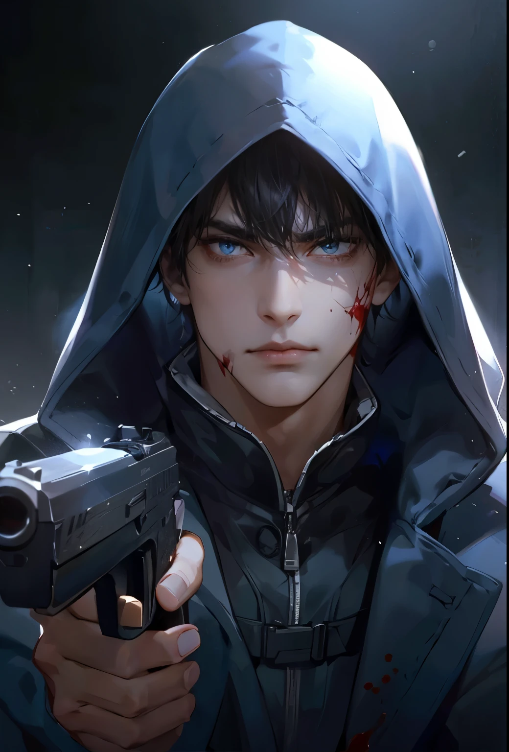 1 boy, handsome man, perfect male figure, high quality, best quality, portrait, dynamic poses, (mercenary, hold a pistol, angry, frown), hooded jacket, blueeyes, blood on face, Ray tracing, dramatic shadows, drama production, Cinema lighting, delicate face