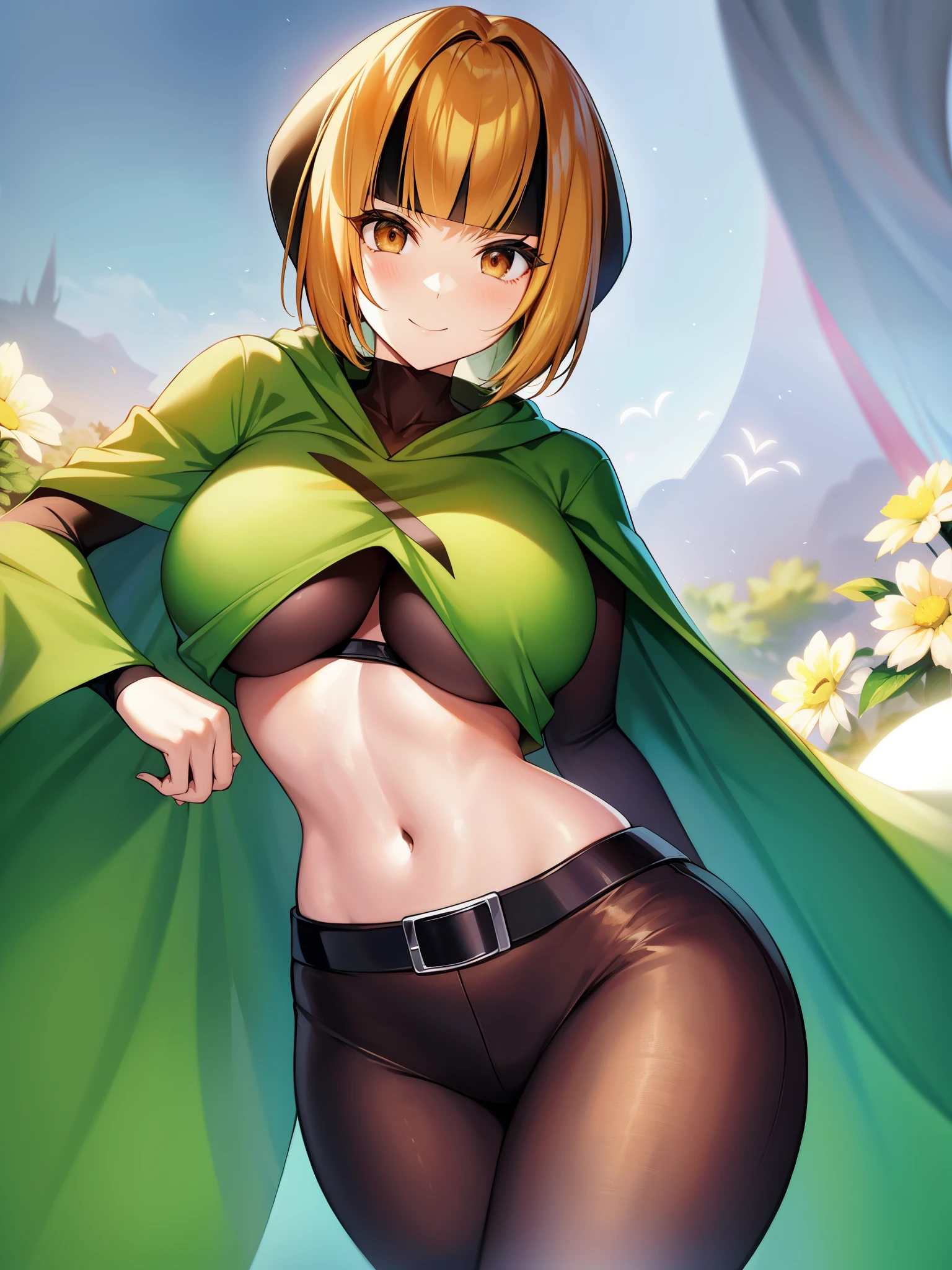 masterpiece、highest quality、Pokémon、nathan、Colossal breasts mature woman、Colossal breasts mature woman、colorful hair、green capellet、（（（green cape）））+++、（（（green cape）））+++、（（（green cape）））+++、black shirt、long sleeve、abdomen、belt、orange shorts、big breasts、Upper body、smile、look at viewer、Wrinkled between the eyebrows、forest、bee、garden、flower