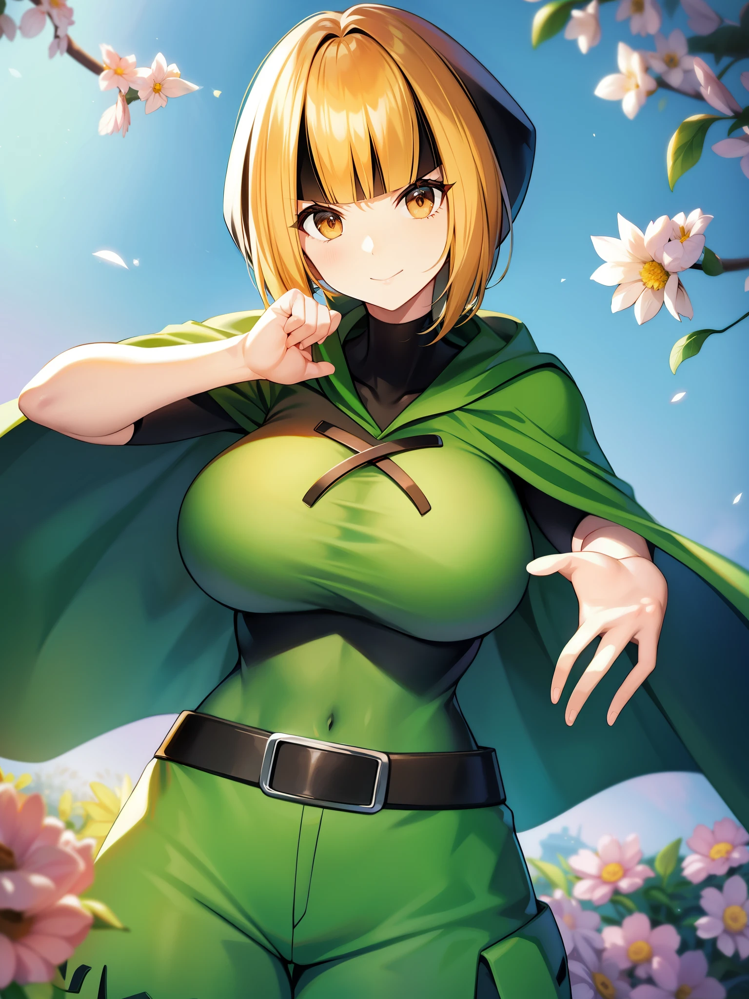 masterpiece、highest quality、Pokémon、nathan、Colossal breasts mature woman、Colossal breasts mature woman、colorful hair、green capellet、（（（green cape）））+++、（（（green cape）））+++、（（（green cape）））+++、black shirt、long sleeve、abdomen、belt、orange shorts、big breasts、Upper body、smile、look at viewer、Wrinkled between the eyebrows、forest、bee、garden、flower