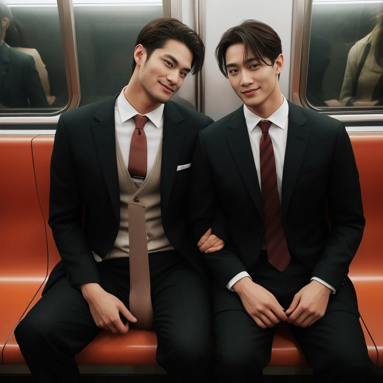 man in the subway， Ultra-flat head，Wearing a suit，huge bulge, leg apart，musculous，Handsome， pervert smirk， Exposing thighs， In crowded subway cars， 16k resolution , ultra-high clarity , hyperrealism , ultra hd picture , uhd , details face , details , handsome man , high quality , Sit next to you、Lean on the man next to you , nsfw , sexy , eroticism , sitting side by side , wearing string thong
