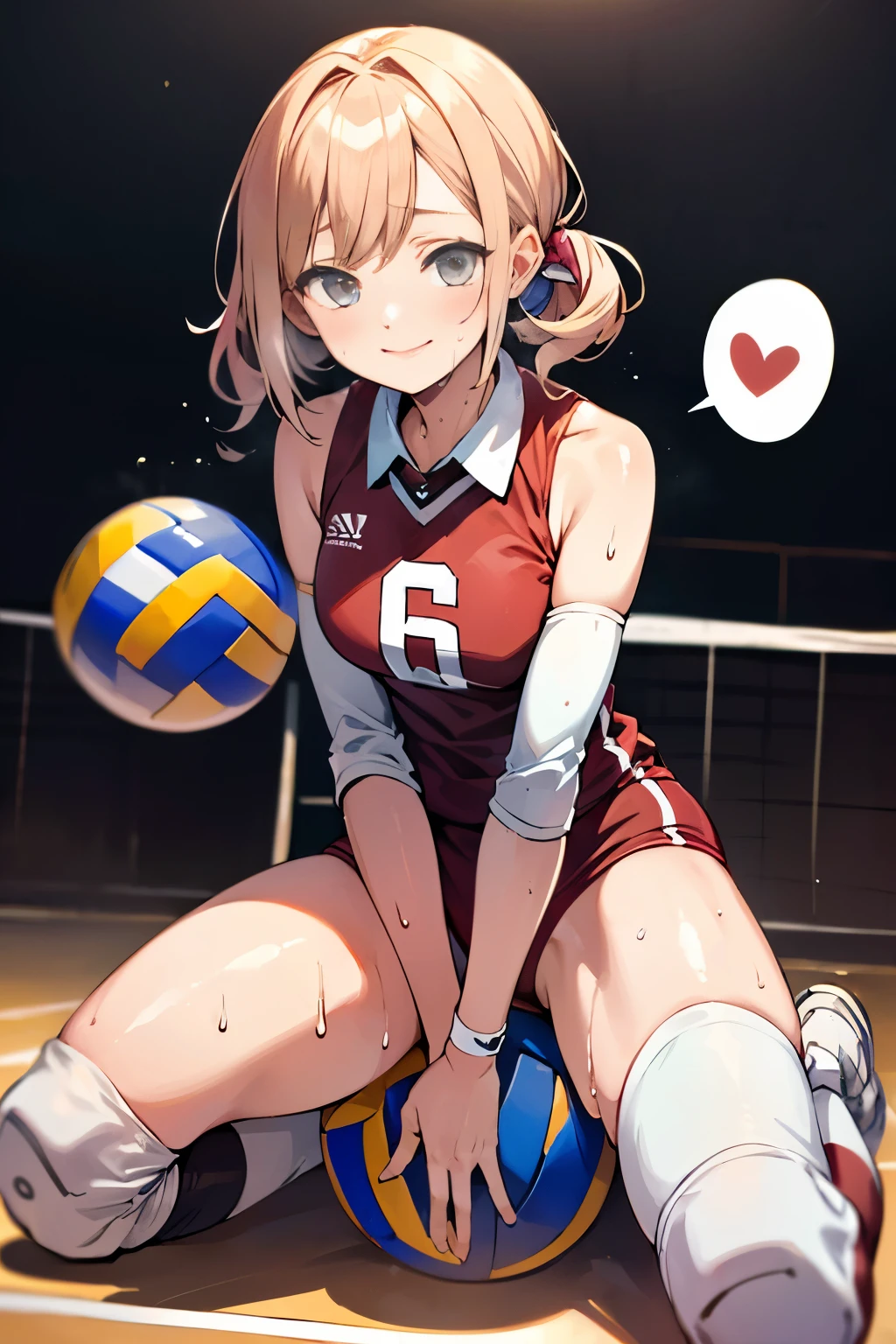 unity 8k wallpaper, anatomically correct, (((masterpiece))), (((best quality))), (((ultra detailed))), (((high-resolution))), ((Ultimate cutie)), perfect hands, perfect finger, (((good anatomy))), detailed beautiful face, shiny hair, (((gyaru))), (potbelly), (curvy), medium breasts, ((Thick thighs)), (((solo))), ((seductive smile)), (((blush))), 
BREAK, (((sit astride the perfectly spherical shape 6-inch volleyball))), (((Straddling a perfectly spherical 6" volleyball))), (((Perfectly spherical 6" volleyball fits perfectly crotch))), BREAK, (((Rub the  Perfectly spherical 6" volleyball against crotch))), 
BREAK, (Collared volleyball uniforms), sleeveless, ((buruma)), ((kneepad)), pussy juice stained, (elbow pad), (((sweat))), (((covered in sweat))), ((deep breathing)), in Volleyball Court, indoor, lighting,  looking at viewer, full body, (spoken heart)